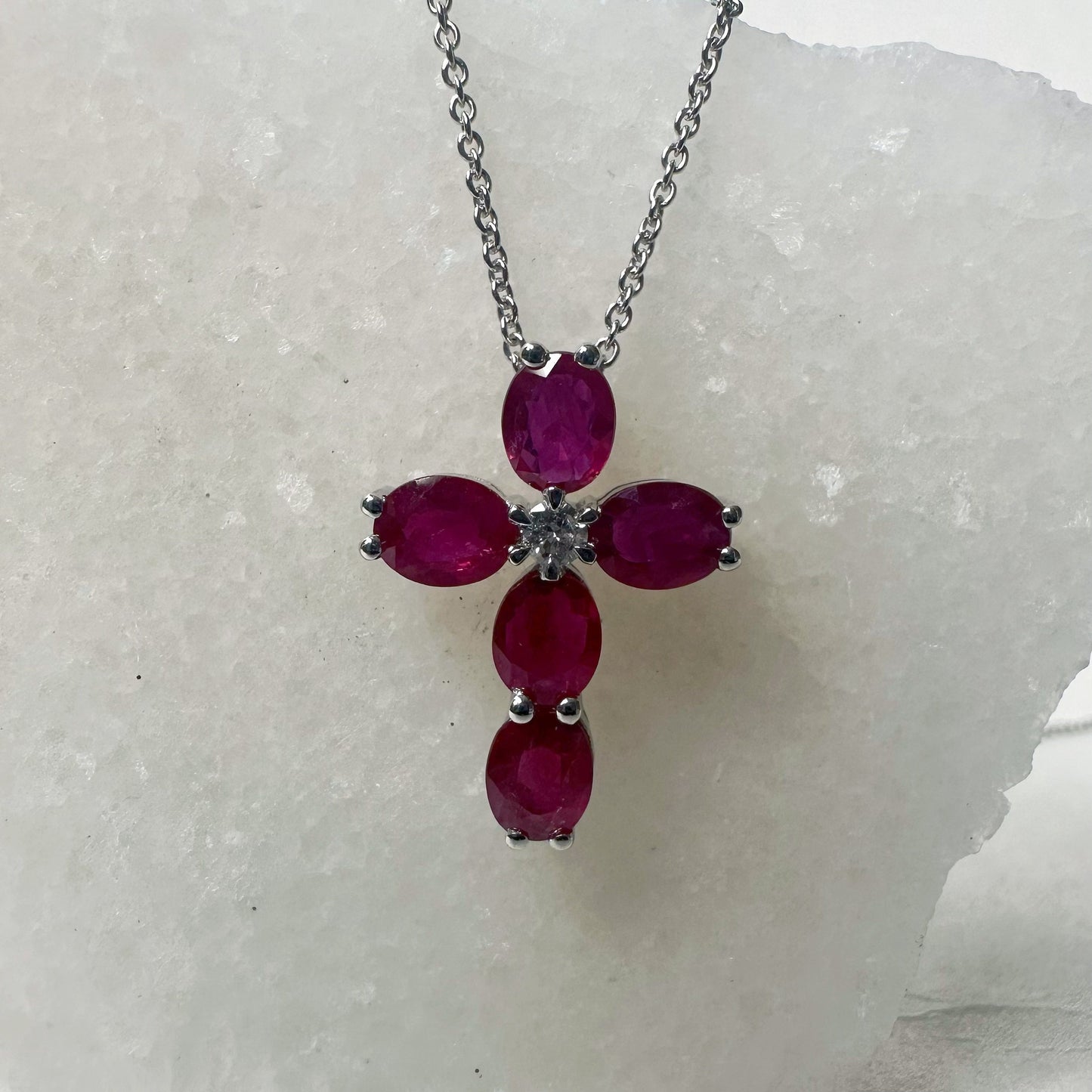 14K Solid Gold Genuine Ruby and Diamond Cross Necklace