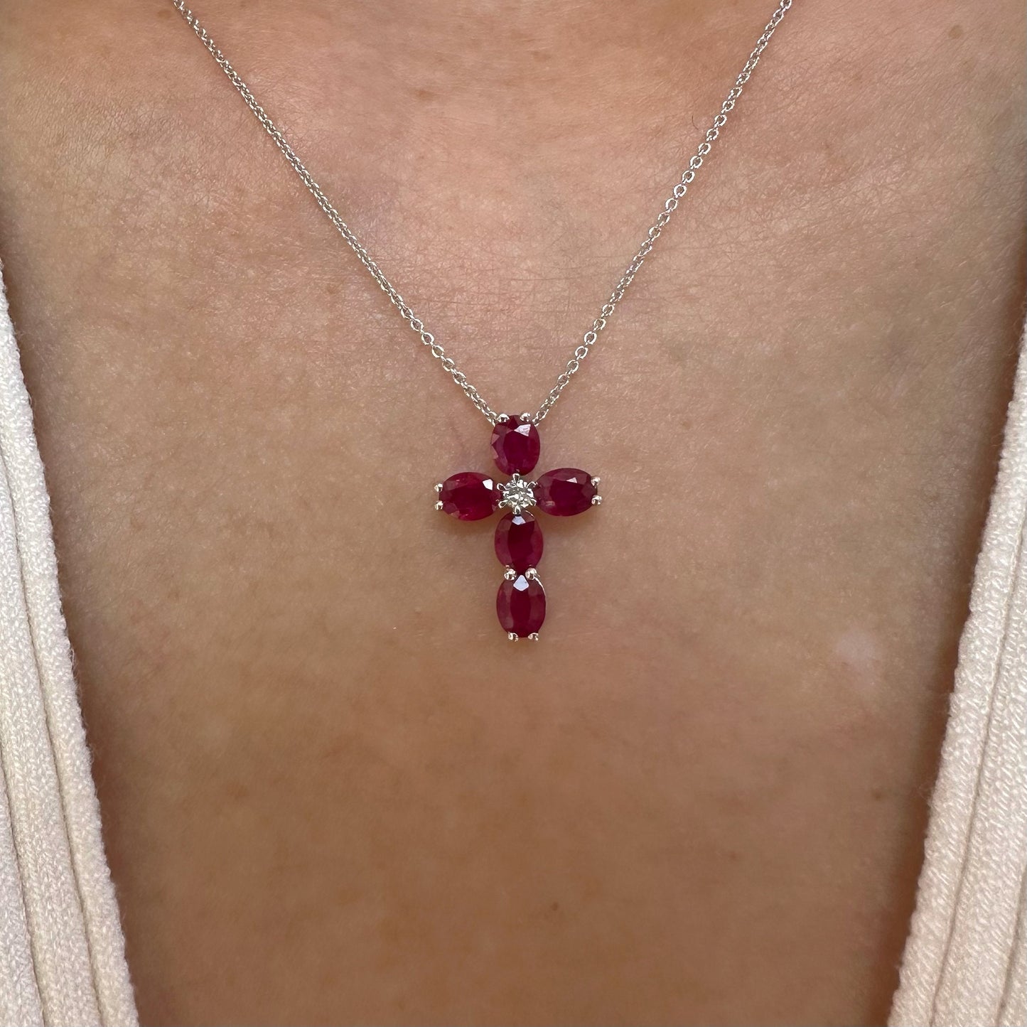 14K Solid Gold Genuine Ruby and Diamond Cross Necklace