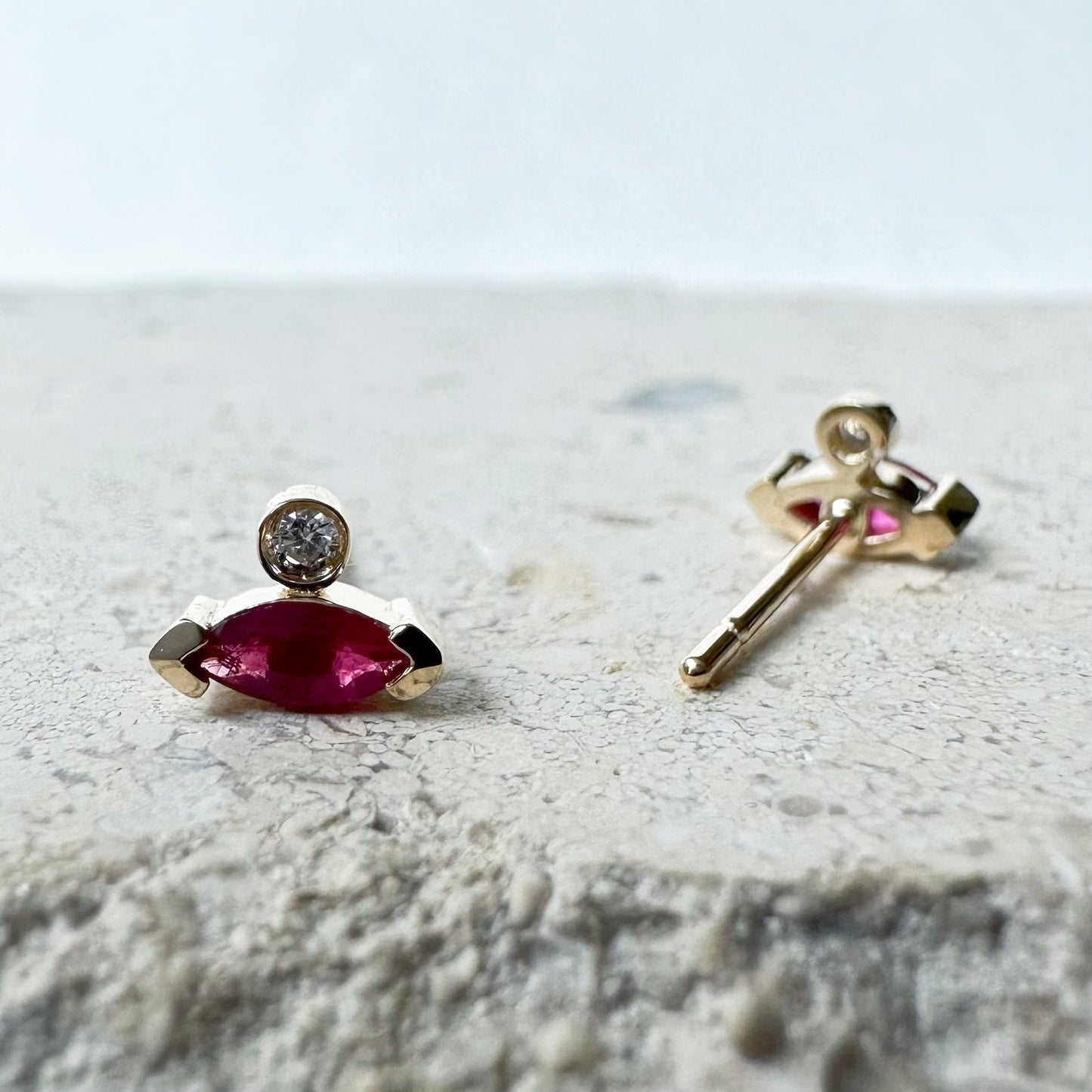 14K Solid Gold Genuine Marquise Ruby and Diamond Stacked Studs/Pair