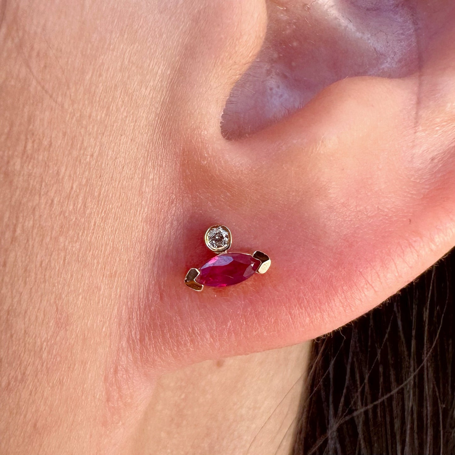 14K Solid Gold Genuine Marquise Ruby and Diamond Stacked Studs/Pair