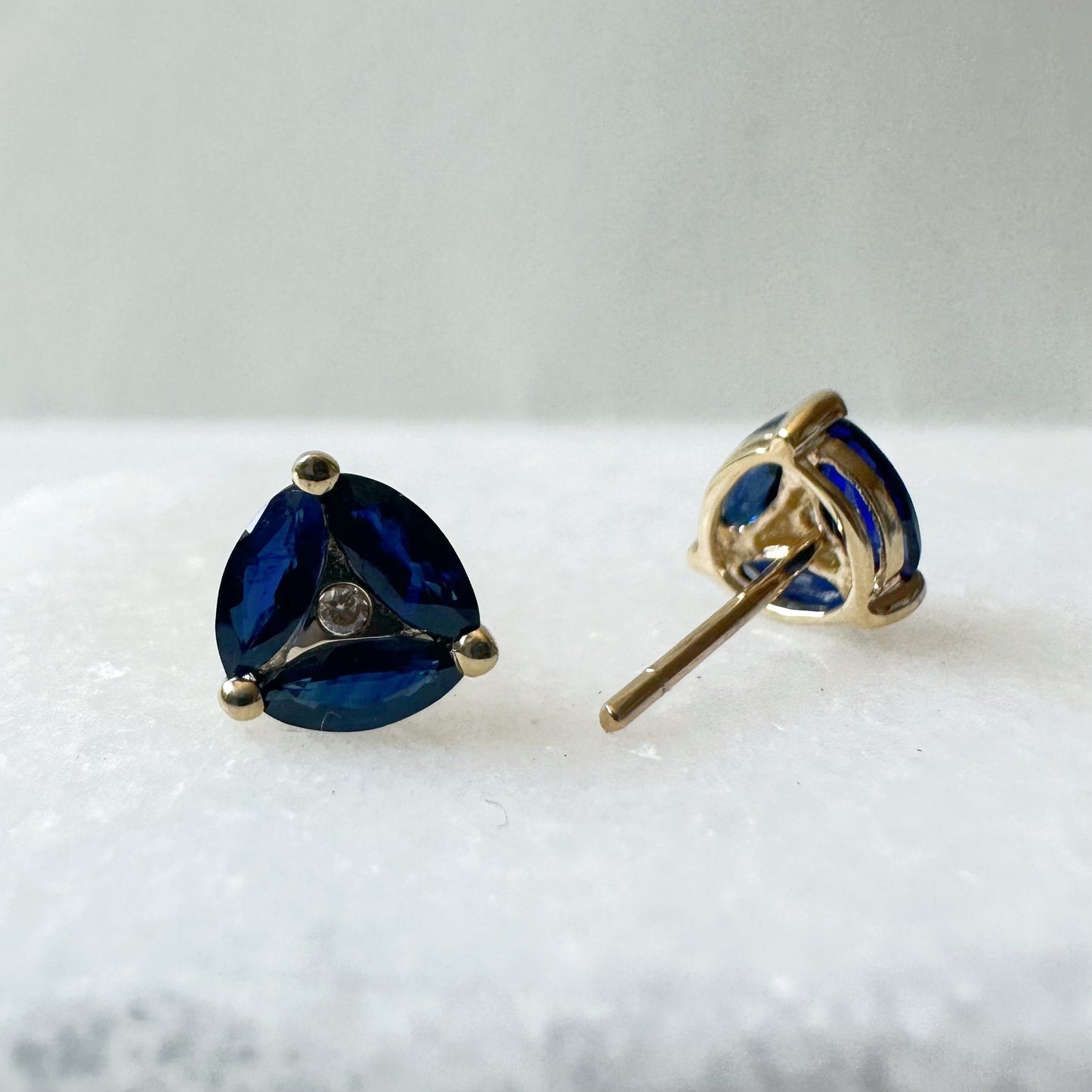 14K Solid Gold Genuine Marquise Sapphire and Diamond Triangle Studs/Pair