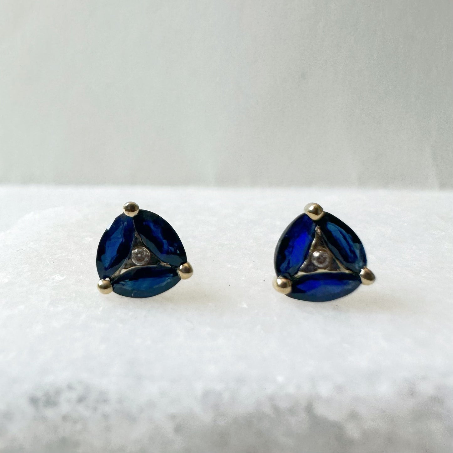 14K Solid Gold Genuine Marquise Sapphire and Diamond Triangle Studs/Pair