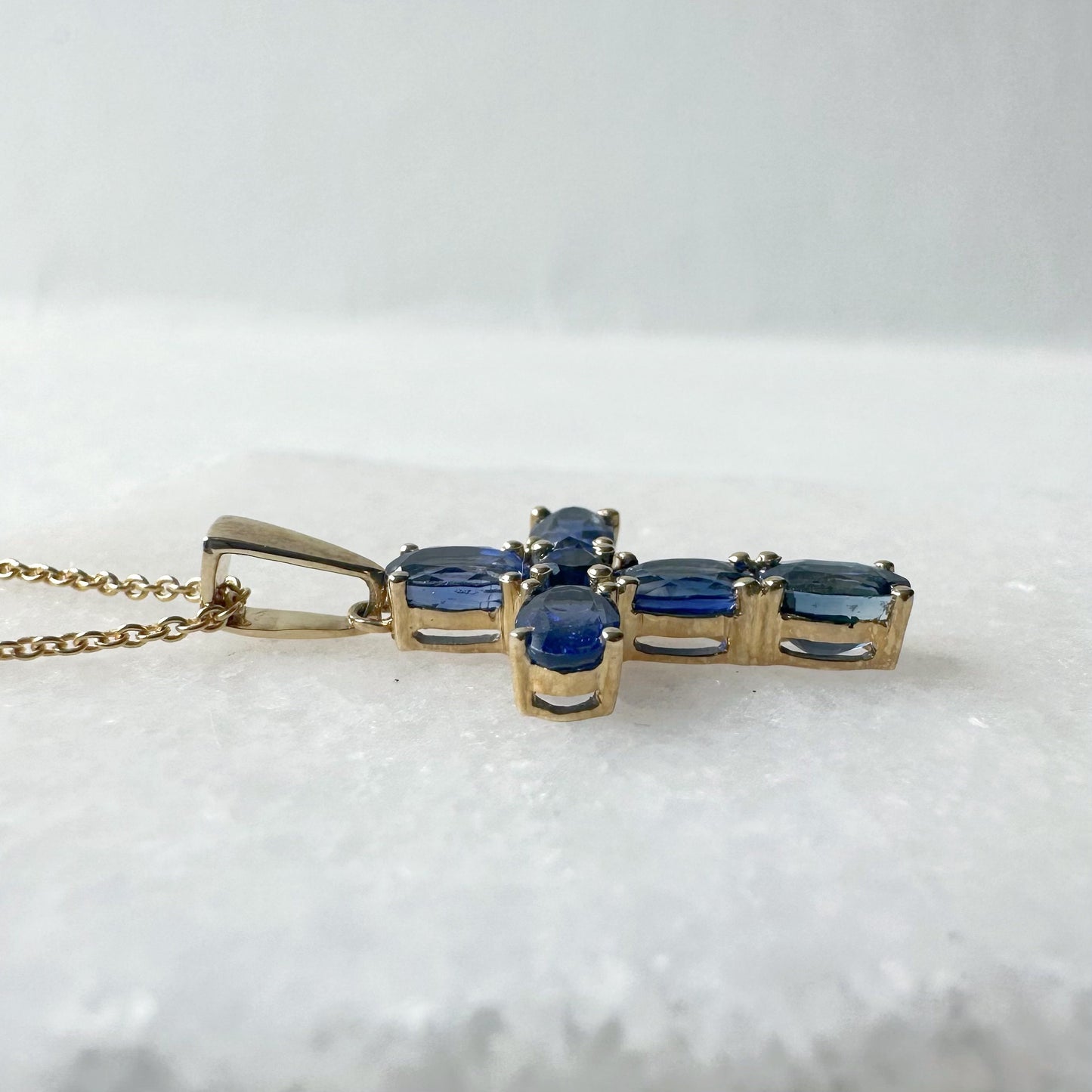 14K Solid Gold Genuine Sapphire Cross Pendant (pendant only)