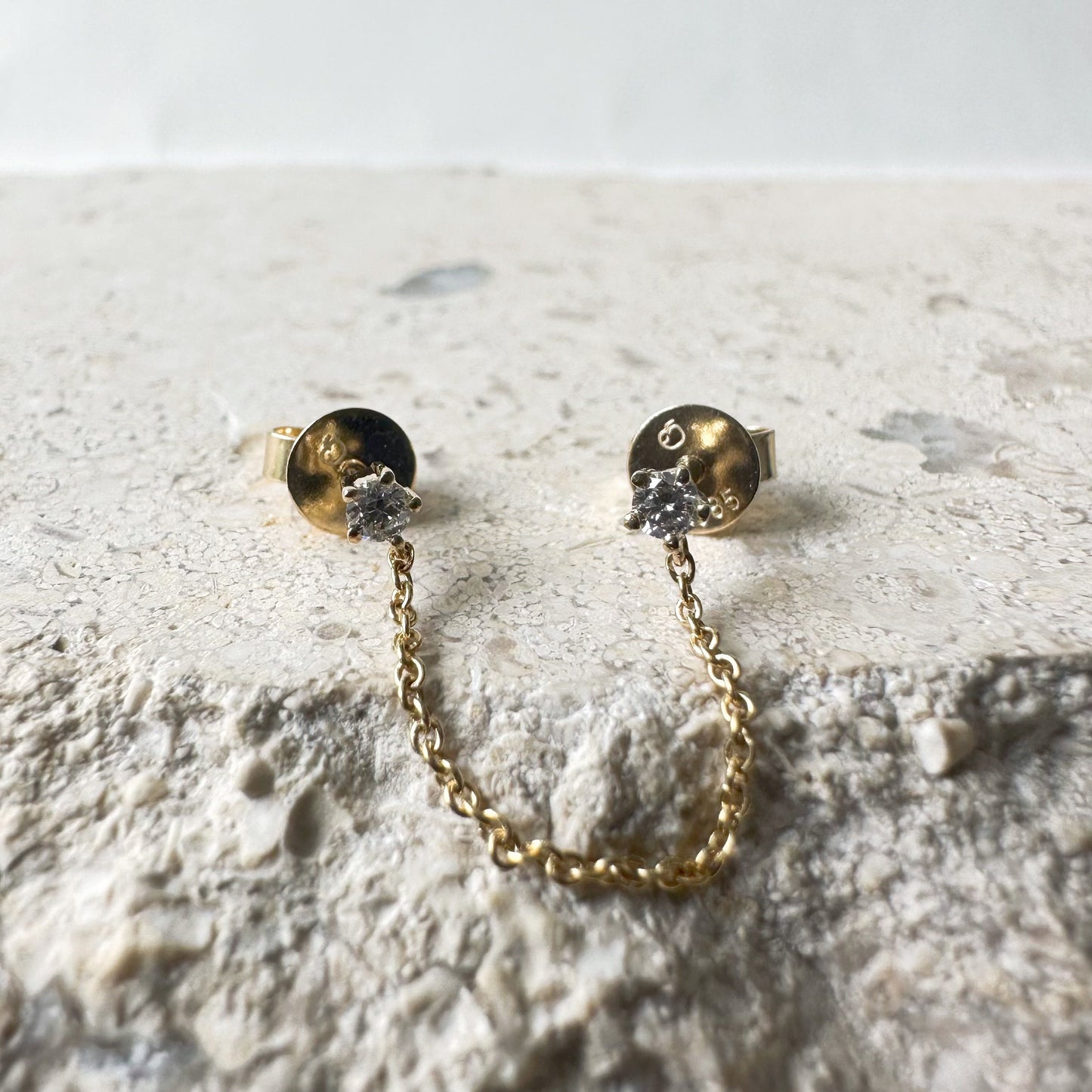 14K Solid Gold Genuine Diamond Double Piercing Chain Earrings/Pair