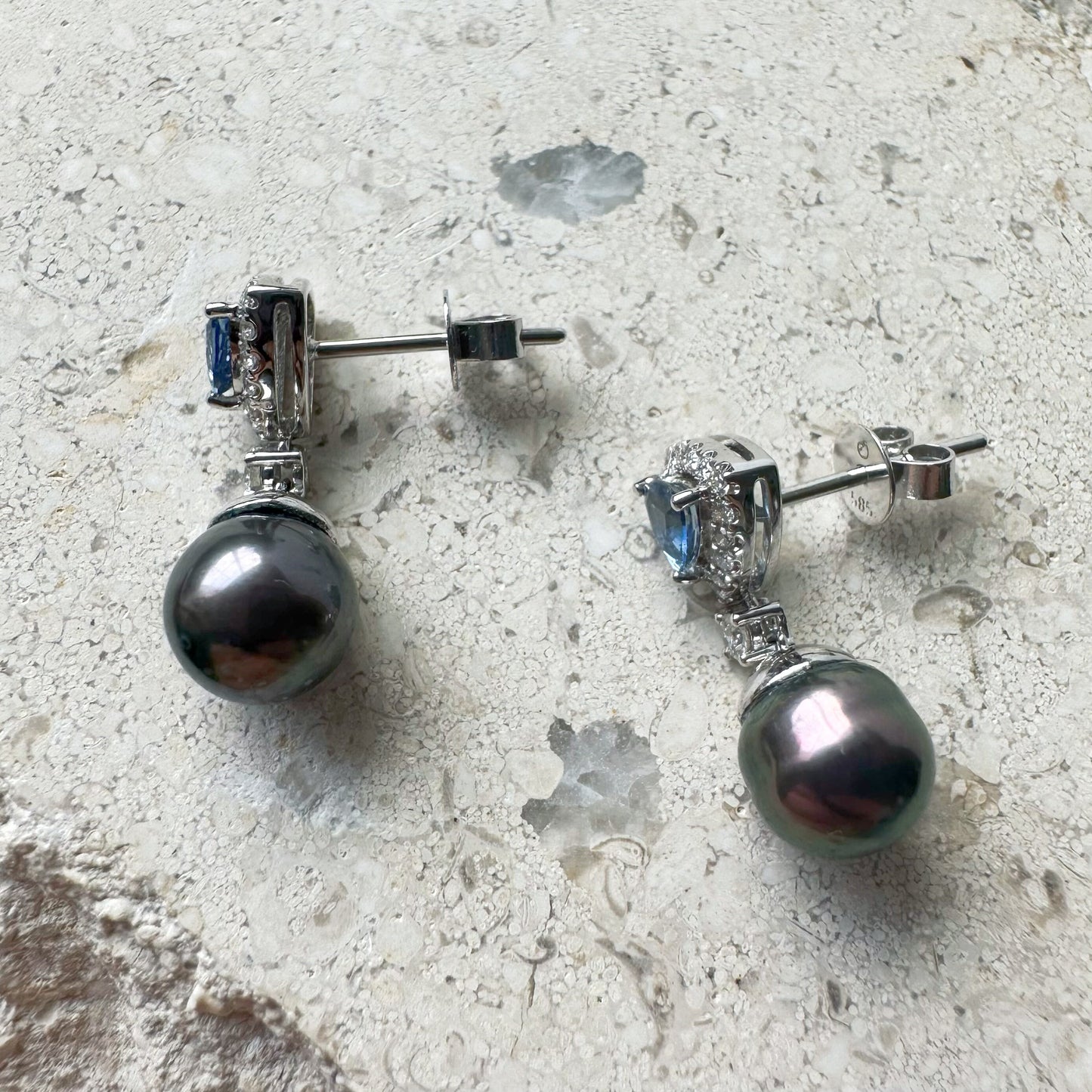 14K Solid Gold Genuine Akoya Black Pearl, Diamond, and Ceylon Sapphire Fancy Earrings/Pair