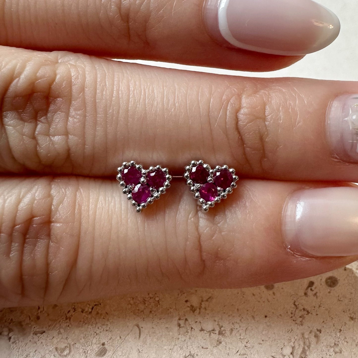 14K Solid Gold Genuine Ruby Trio Heart Studs/Pair