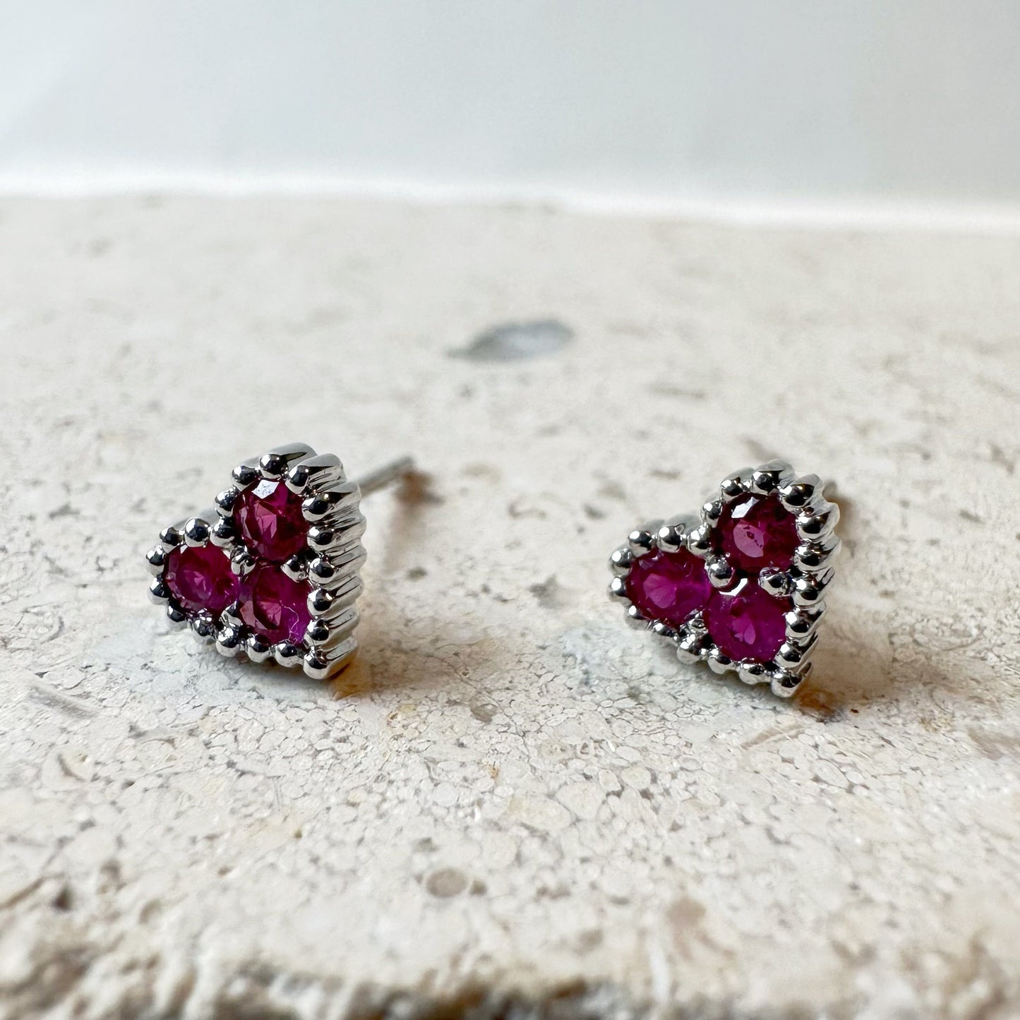 14K Solid Gold Genuine Ruby Trio Heart Studs/Pair