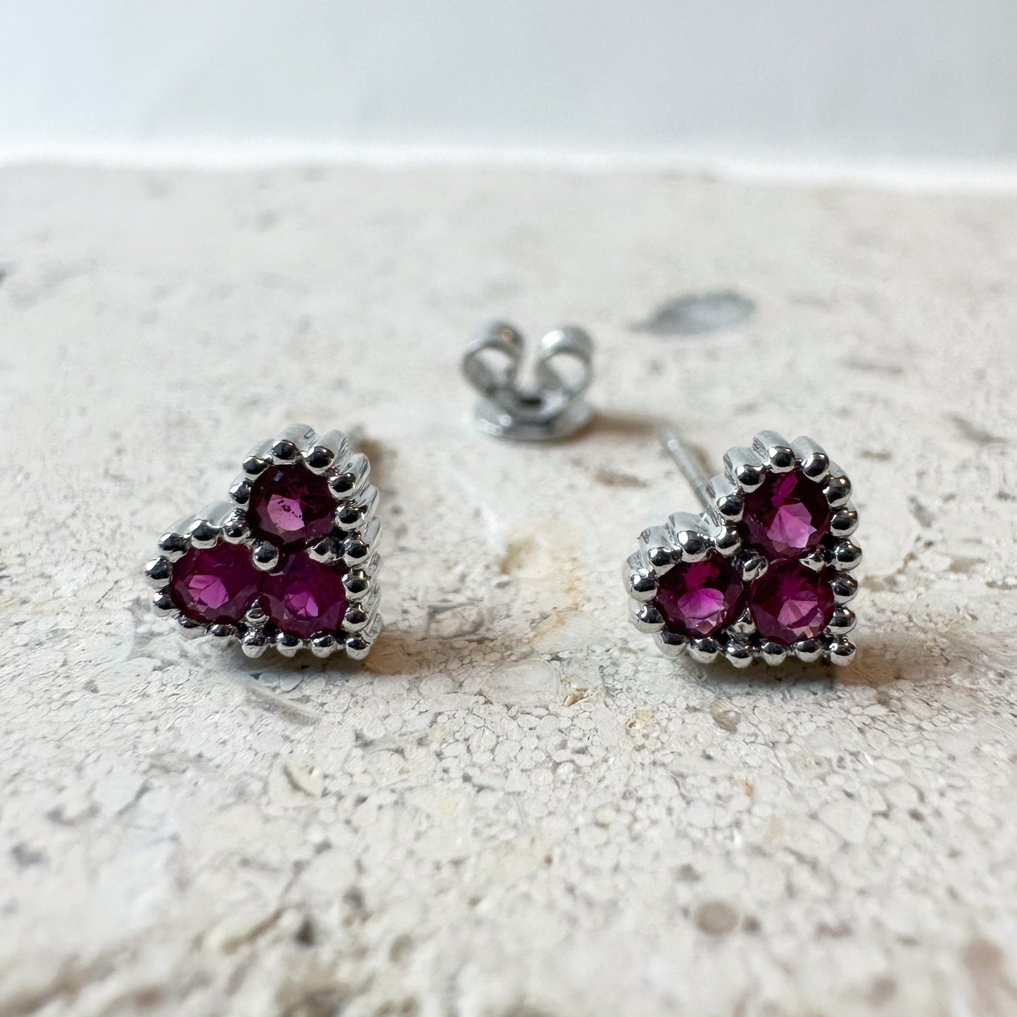 14K Solid Gold Genuine Ruby Trio Heart Studs/Pair