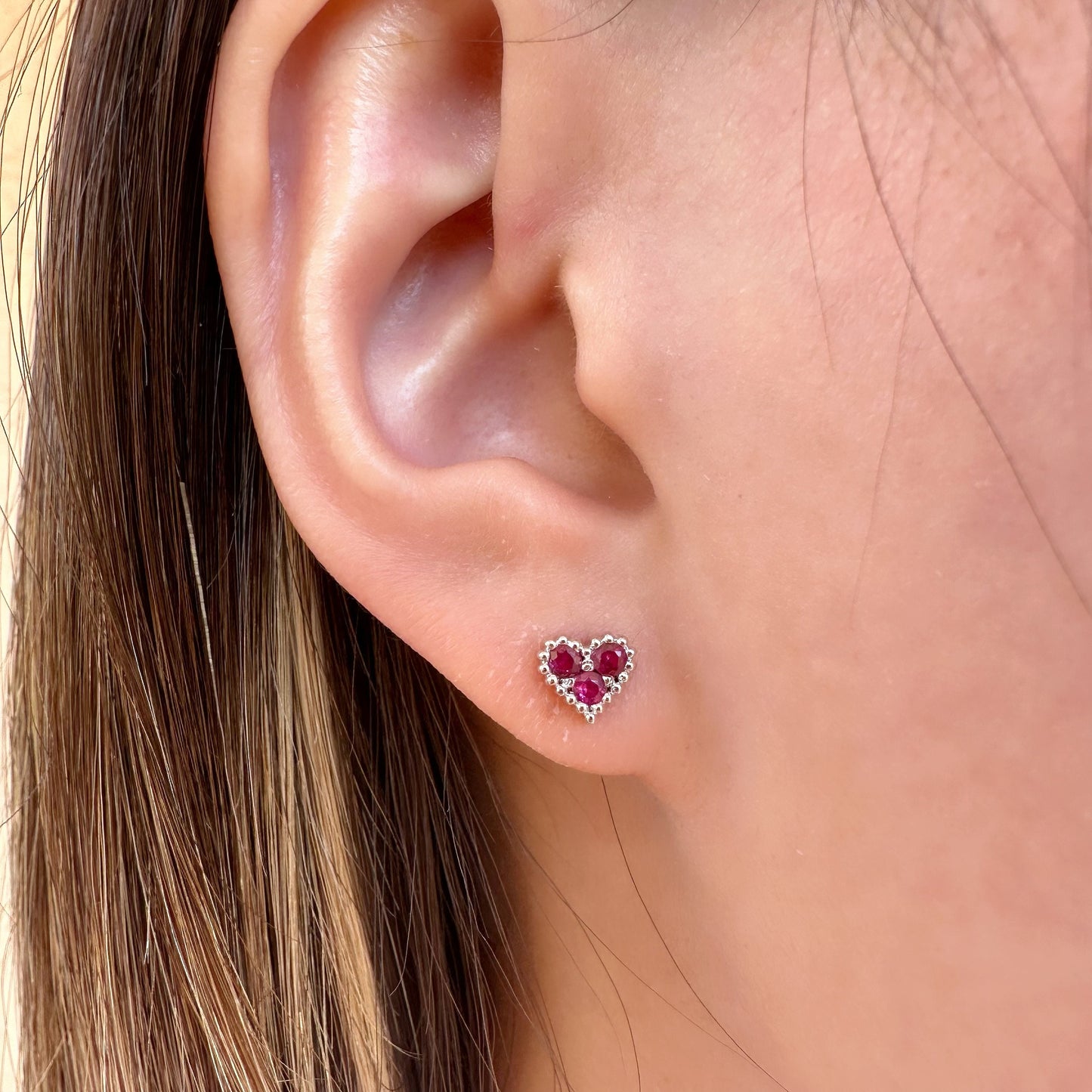 14K Solid Gold Genuine Ruby Trio Heart Studs/Pair