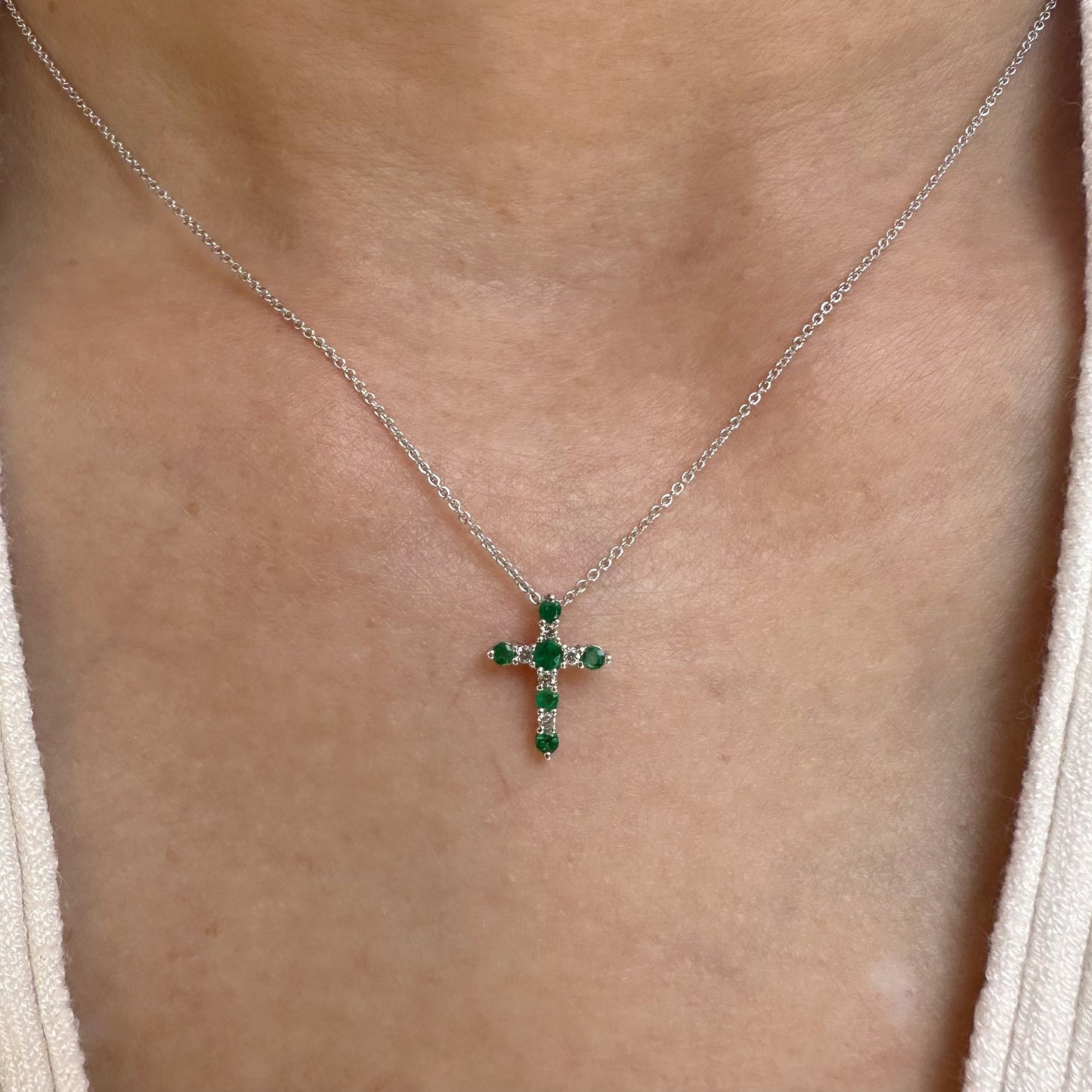 14K Solid White Gold Genuine Emerald and Diamond Cross Pendant