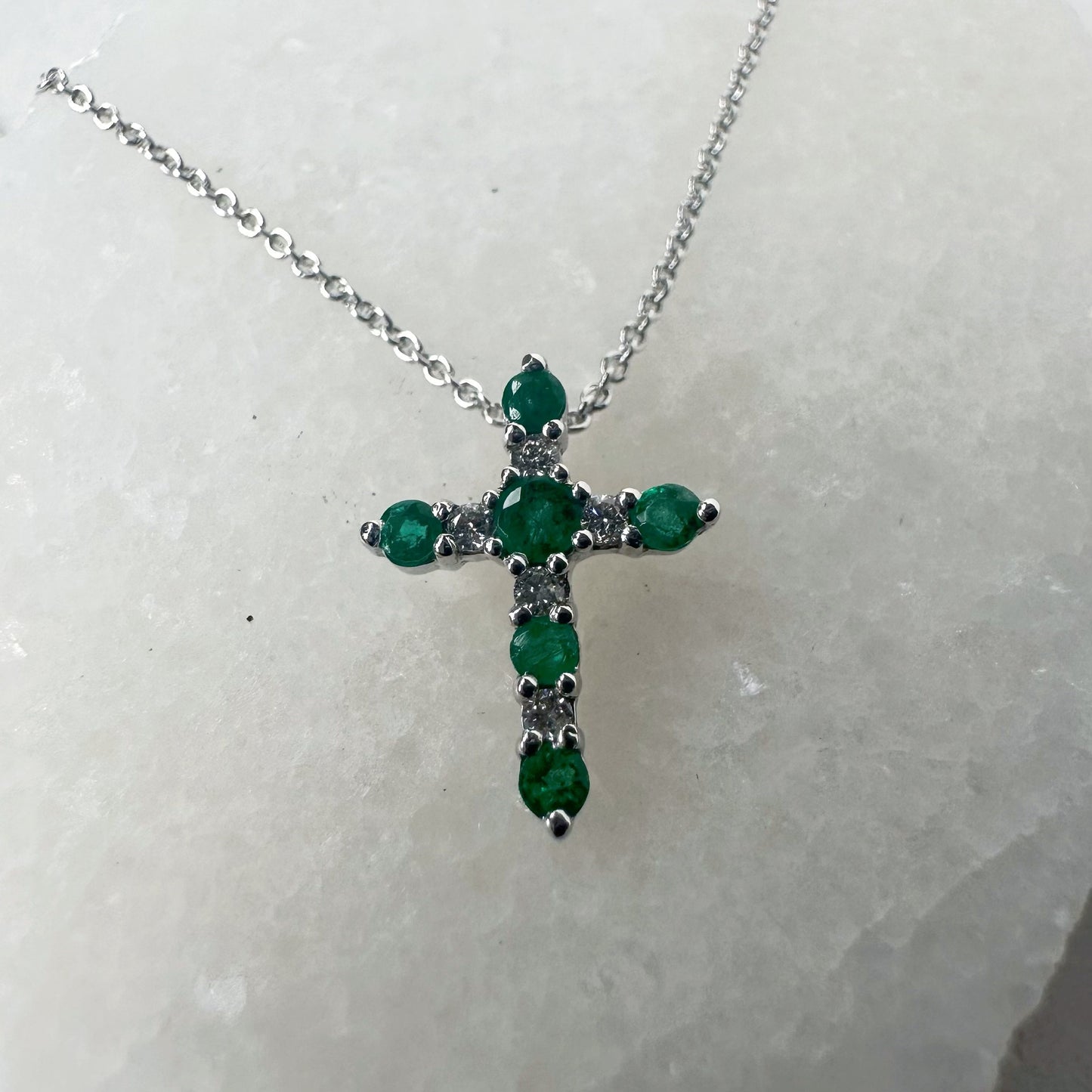 14K Solid White Gold Genuine Emerald and Diamond Cross Pendant