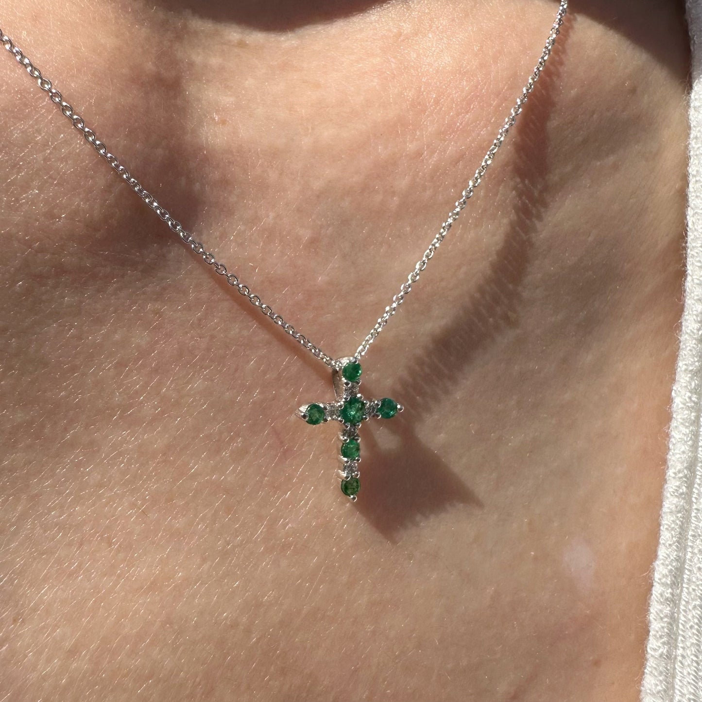 14K Solid White Gold Genuine Emerald and Diamond Cross Pendant