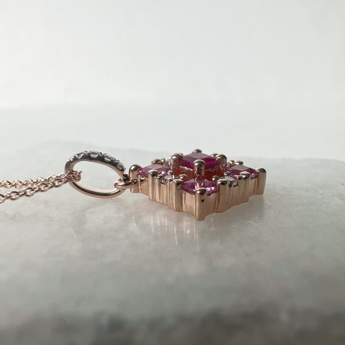 14K Solid Gold Genuine Pink Sapphire, Ruby and Diamond Pendant
