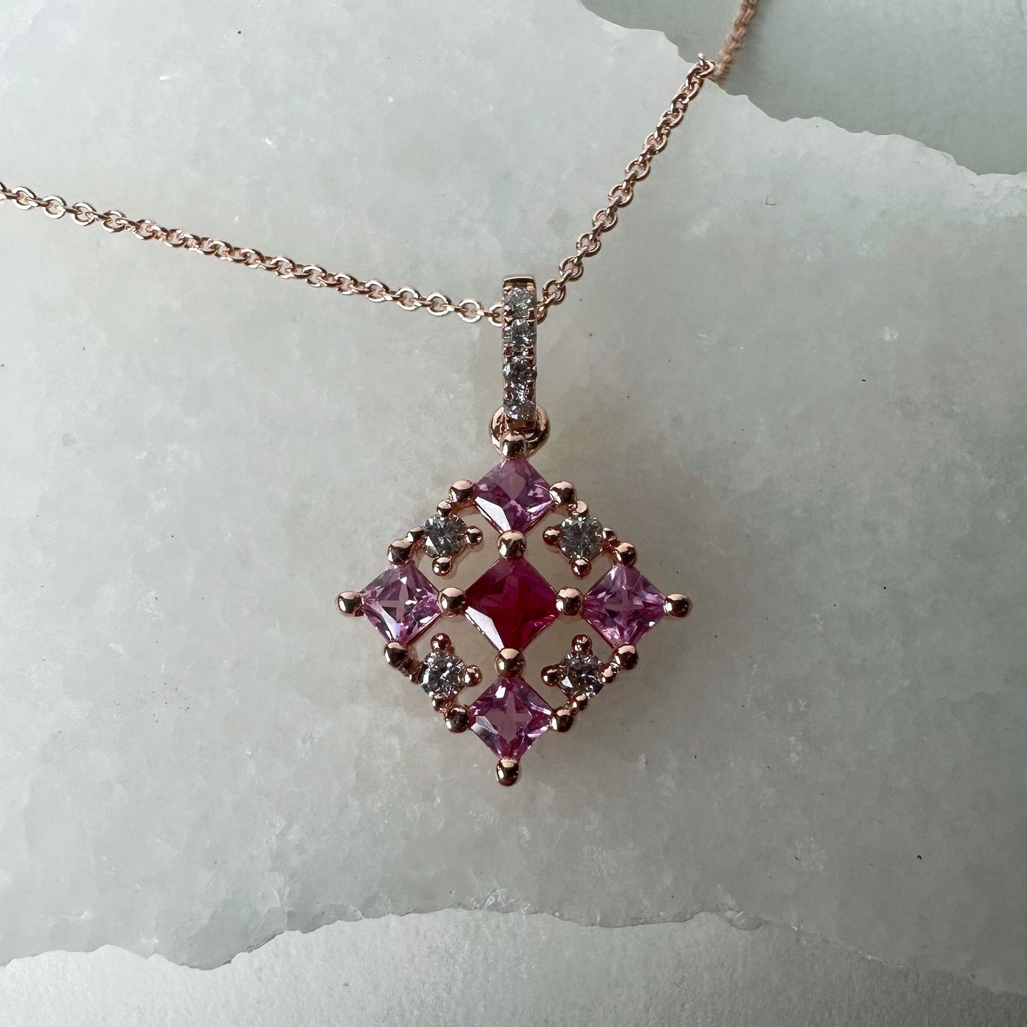 14K Solid Gold Genuine Pink Sapphire, Ruby and Diamond Pendant