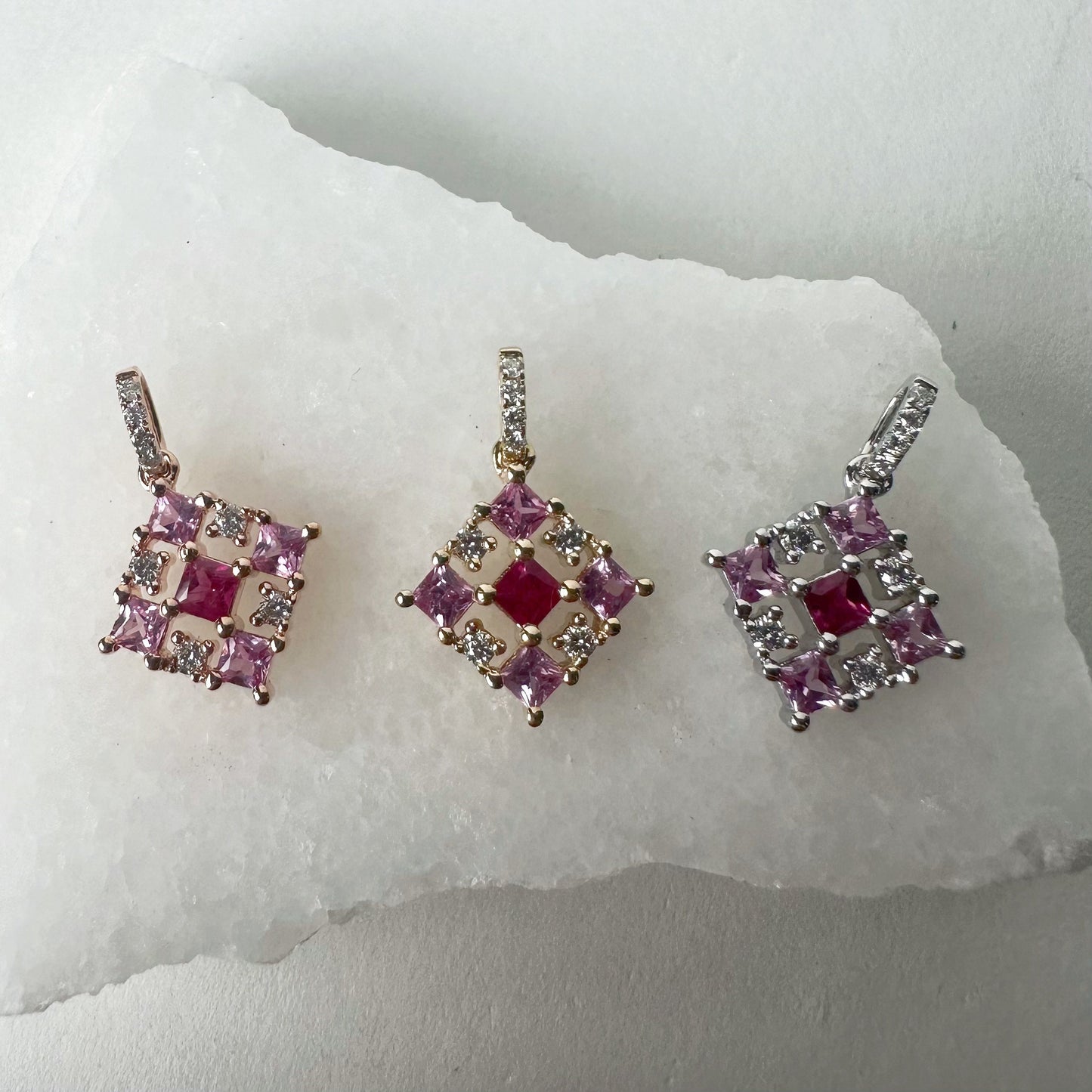 14K Solid Gold Genuine Pink Sapphire, Ruby and Diamond Pendant