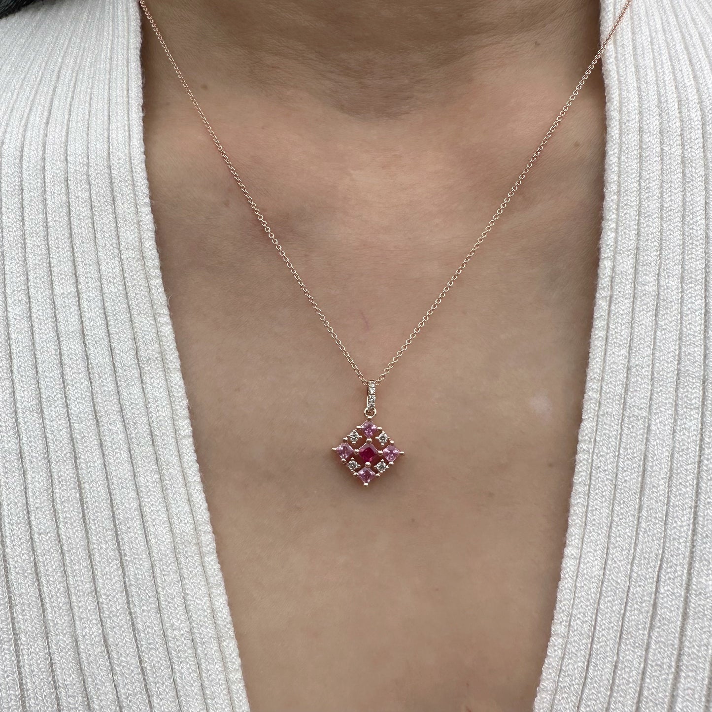 14K Solid Gold Genuine Pink Sapphire, Ruby and Diamond Pendant