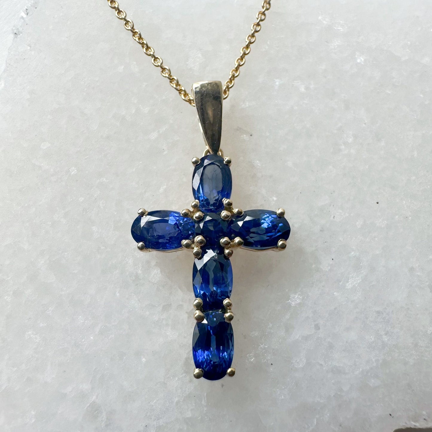 14K Solid Gold Genuine Sapphire Cross Pendant (pendant only)