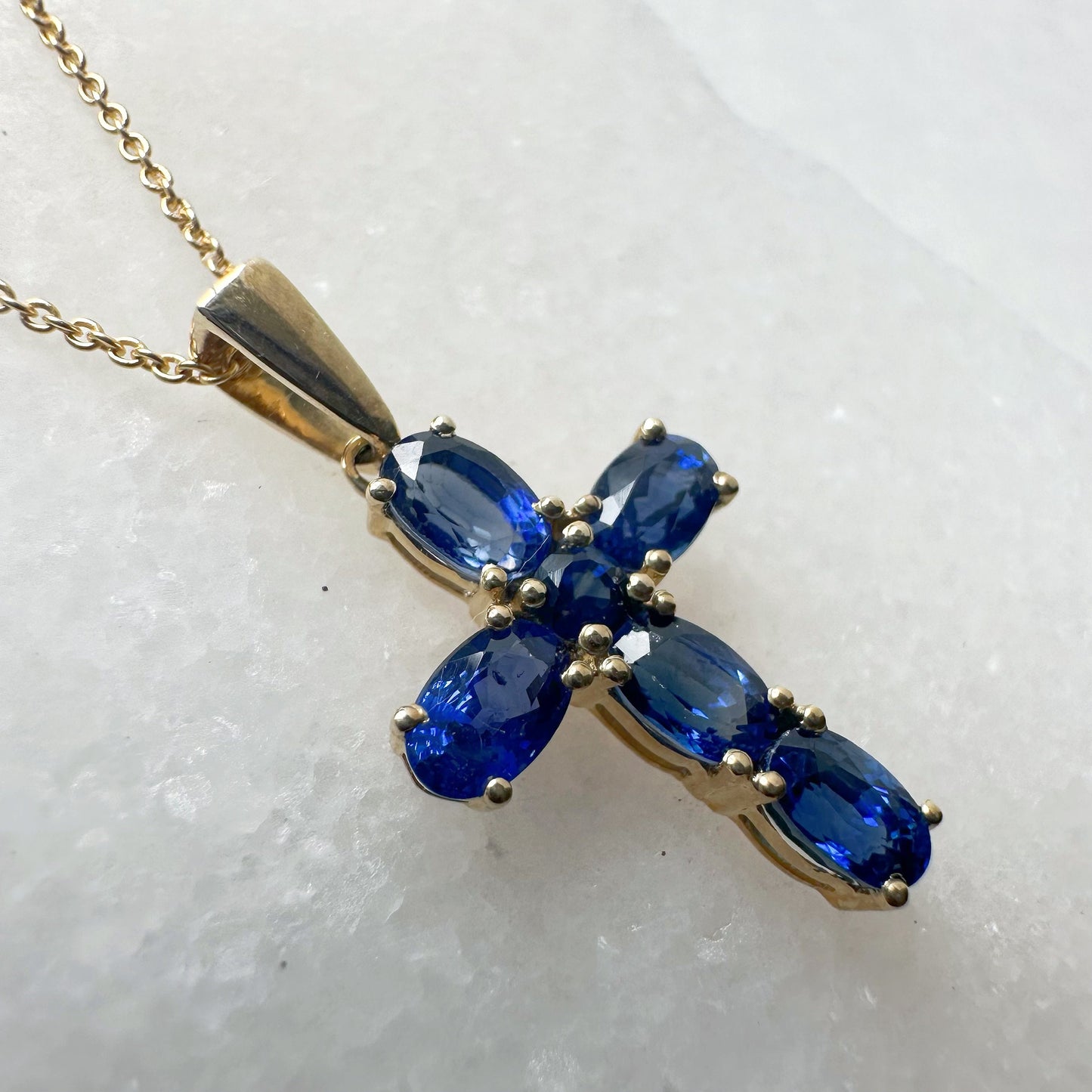 14K Solid Gold Genuine Sapphire Cross Pendant (pendant only)