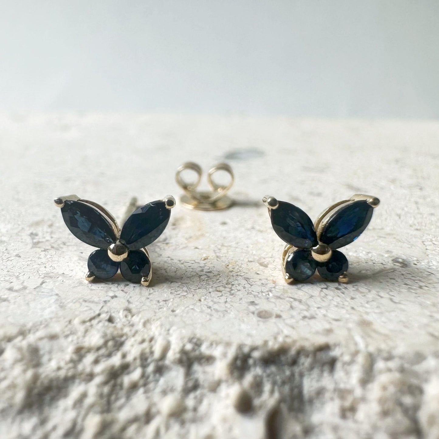 14K Solid Gold Genuine Sapphire Butterfly Studs/Pair