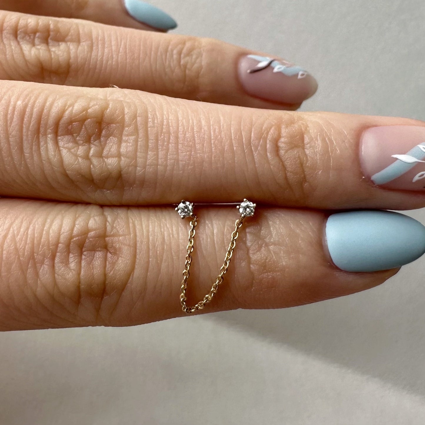 14K Solid Gold Genuine Diamond Double Piercing Chain Earrings/Pair