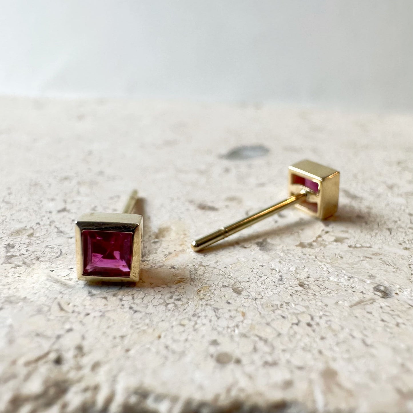 14K Solid Gold Genuine Square Ruby Bezel Studs/Pair