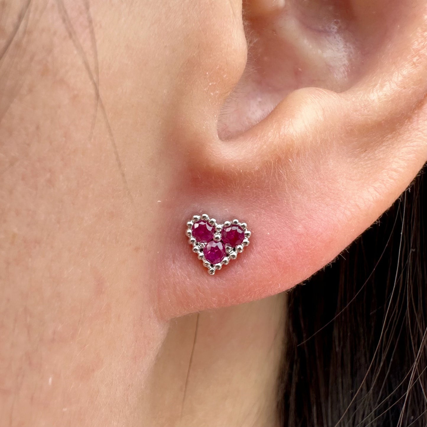 14K Solid Gold Genuine Ruby Trio Heart Studs/Pair
