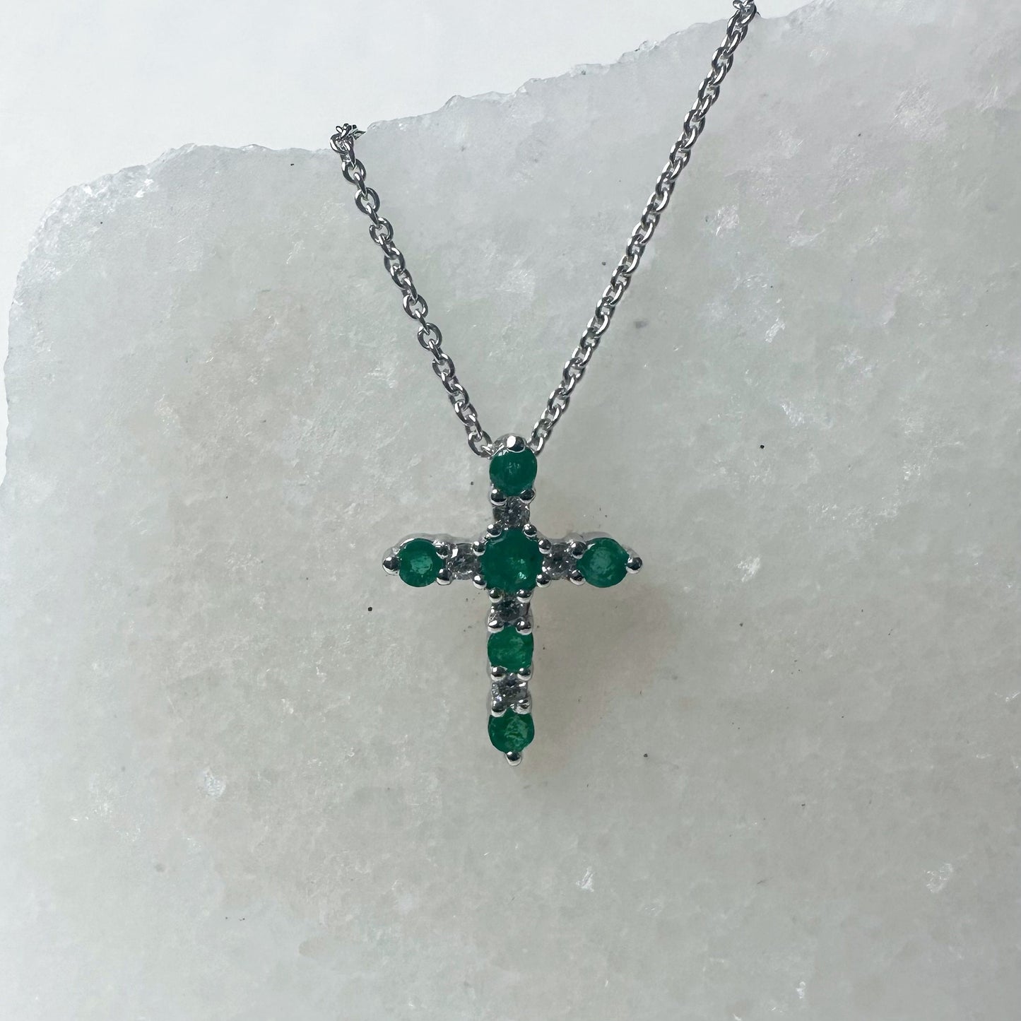 14K Solid White Gold Genuine Emerald and Diamond Cross Pendant
