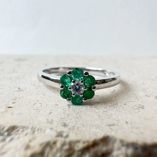 14K Solid White Gold Genuine Emerald and Diamond Flower Ring