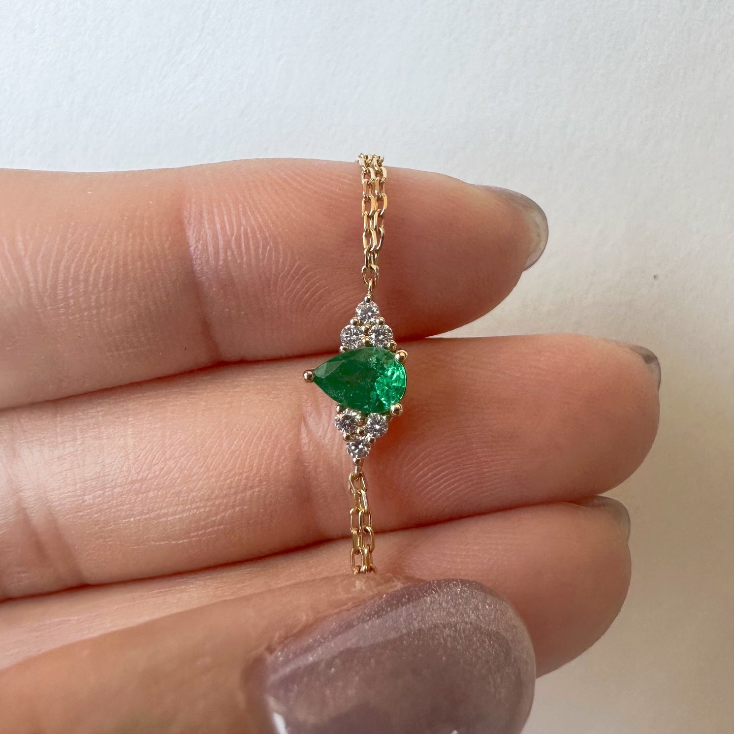14K Solid Gold Genuine Emerald and Diamond Double Chain Bracelet