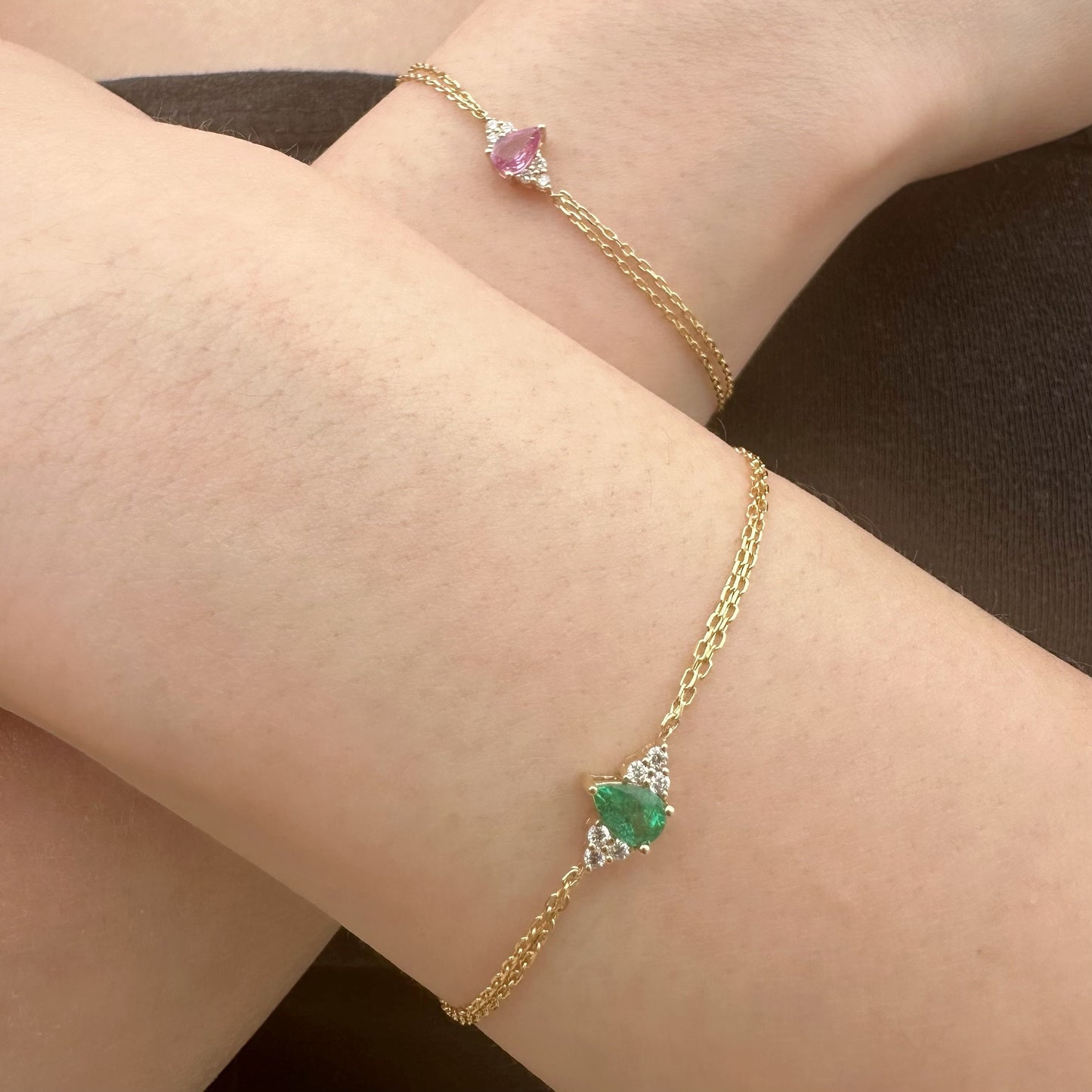 14K Solid Gold Genuine Emerald and Diamond Double Chain Bracelet