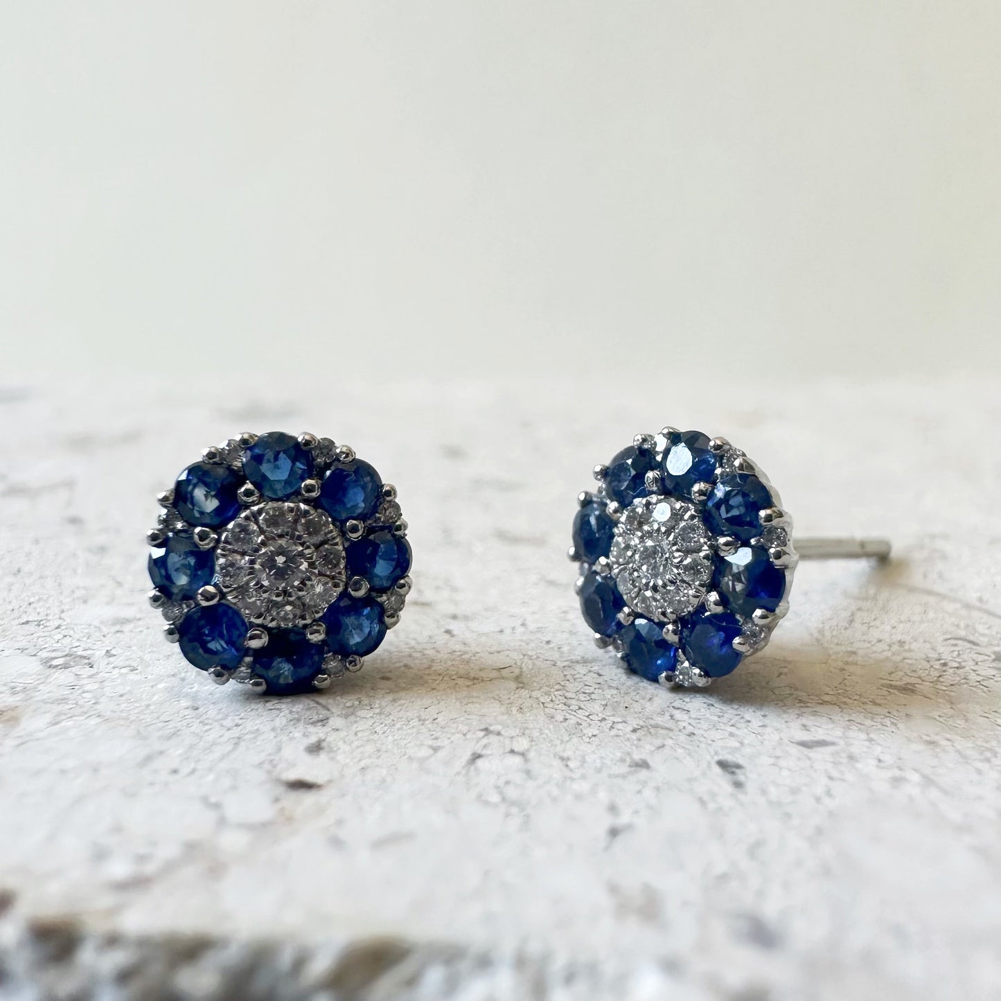 14K Solid White Gold Genuine Sapphire and Pave Diamond Flower Studs/Pair