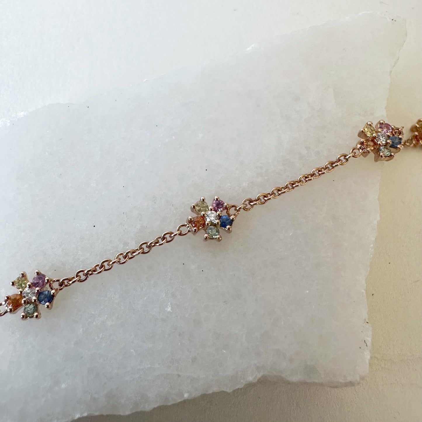 18K Solid Rose Gold Genuine Color Sapphire and Diamond Flowers Bracelet