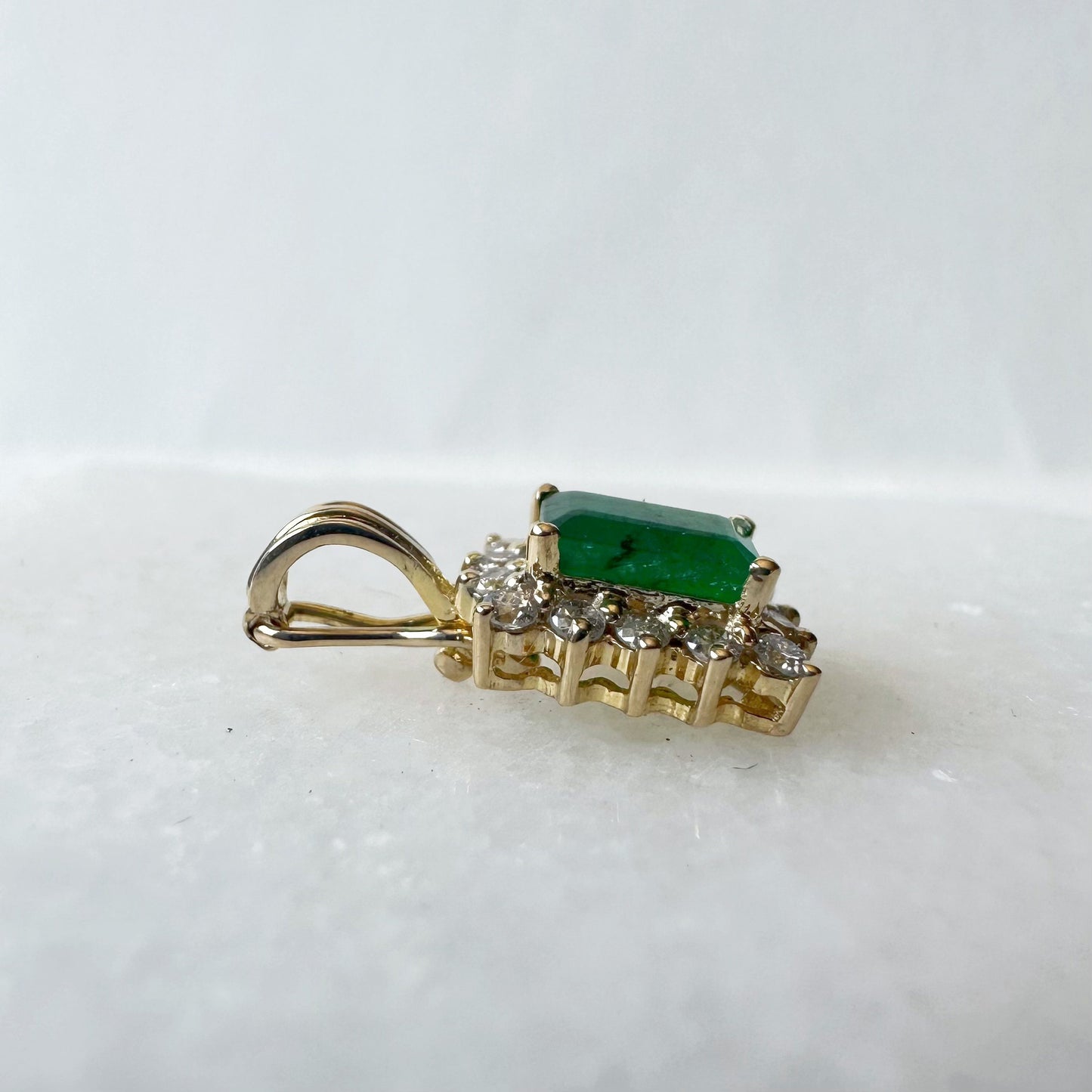 14K Solid Gold Genuine Emerald and Diamond Emerald Cut Pendant