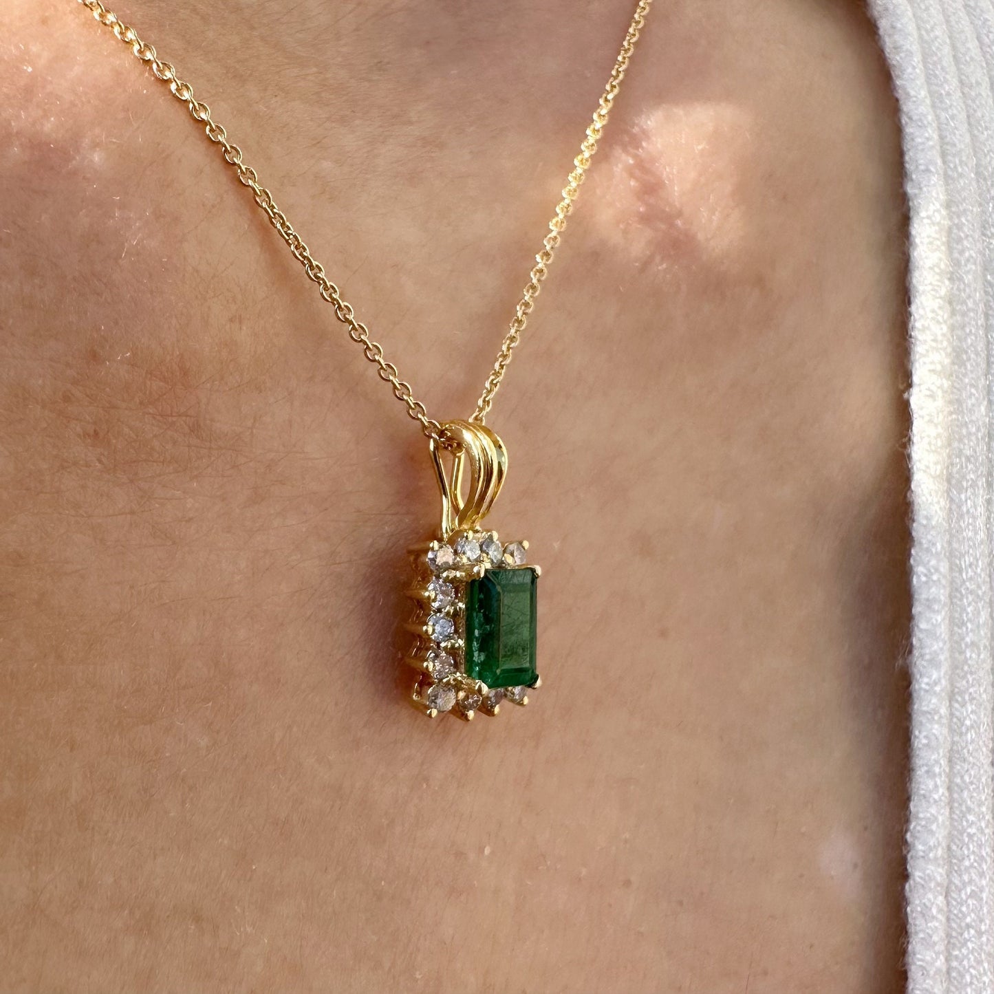 14K Solid Gold Genuine Emerald and Diamond Emerald Cut Pendant