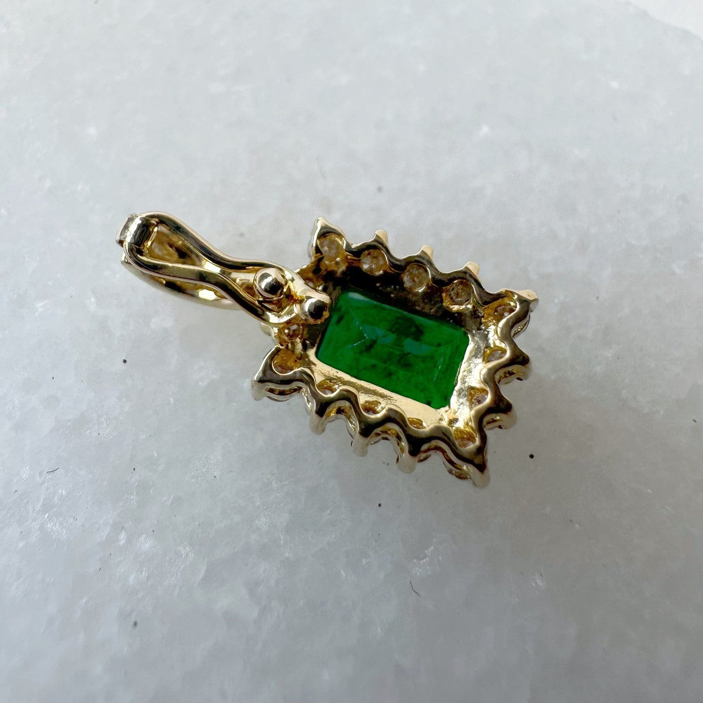 14K Solid Gold Genuine Emerald and Diamond Emerald Cut Pendant
