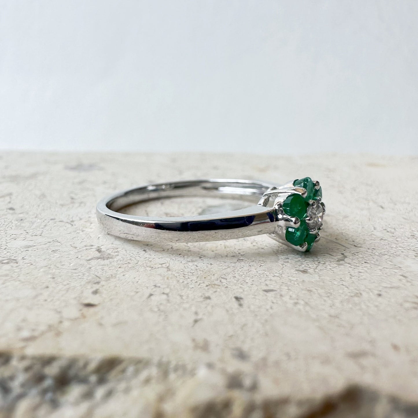 14K Solid White Gold Genuine Emerald and Diamond Flower Ring