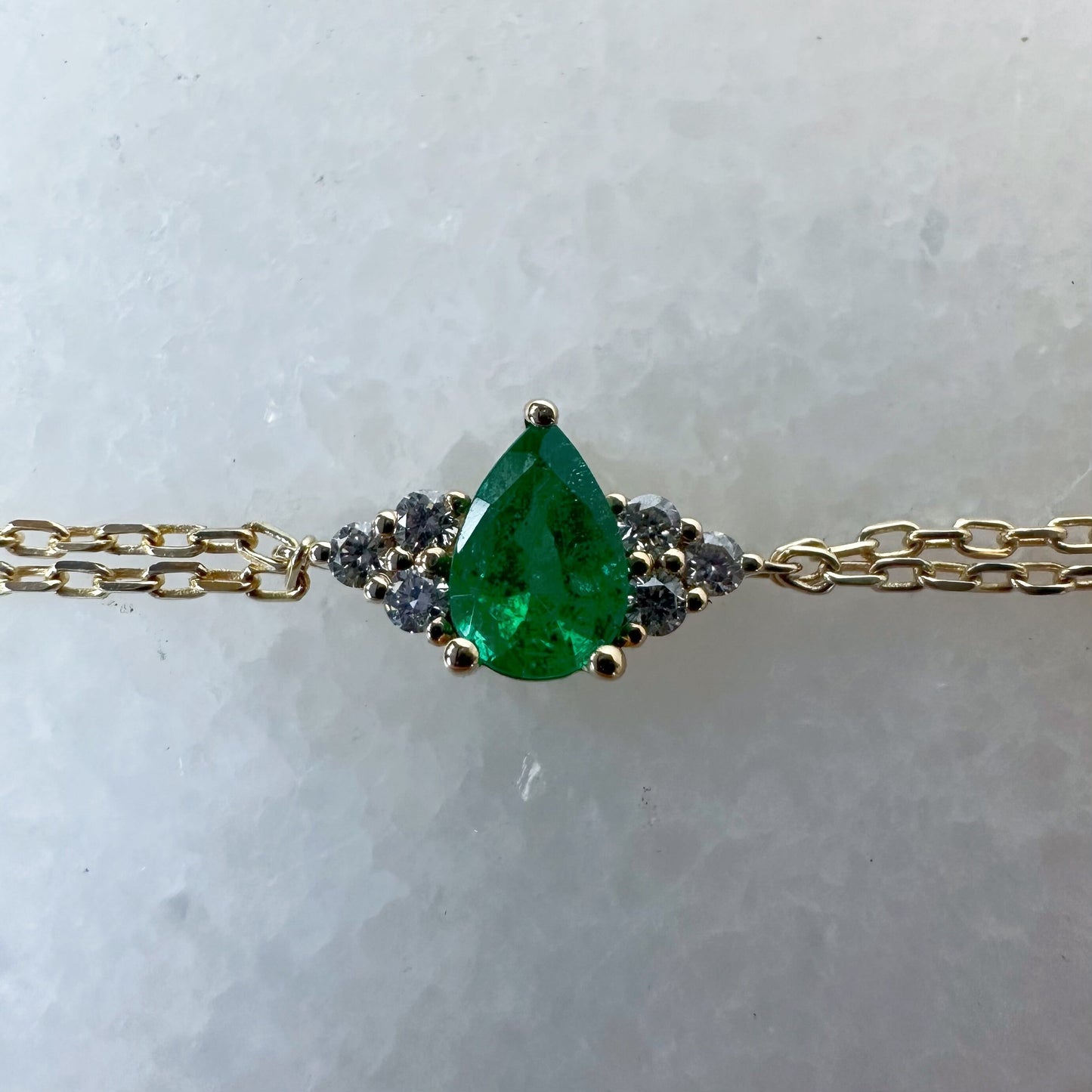 14K Solid Gold Genuine Emerald and Diamond Double Chain Bracelet