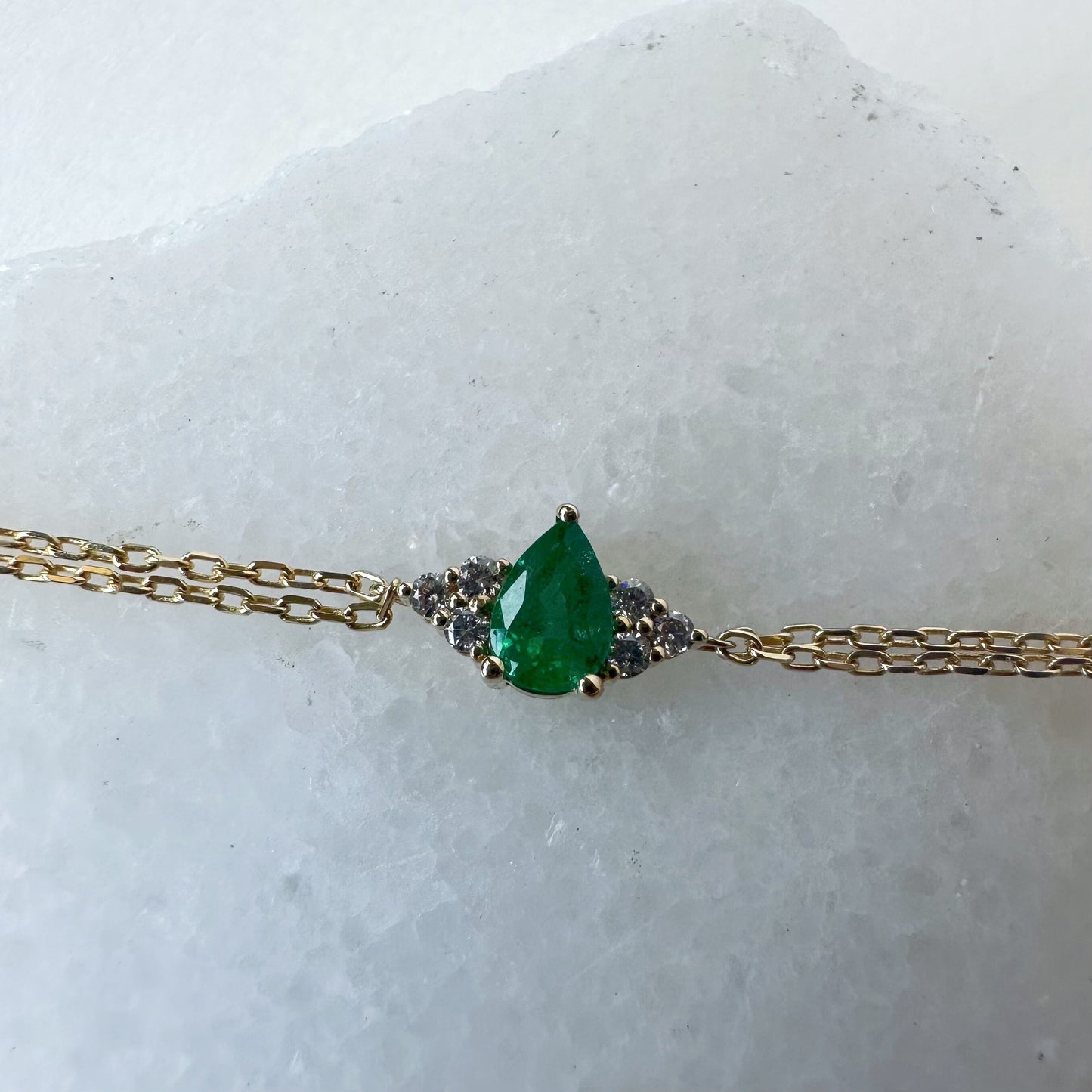 14K Solid Gold Genuine Emerald and Diamond Double Chain Bracelet