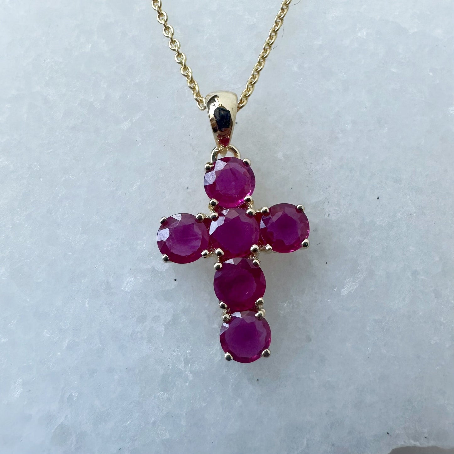 14K Solid Gold Genuine Round Ruby Cross Pendant