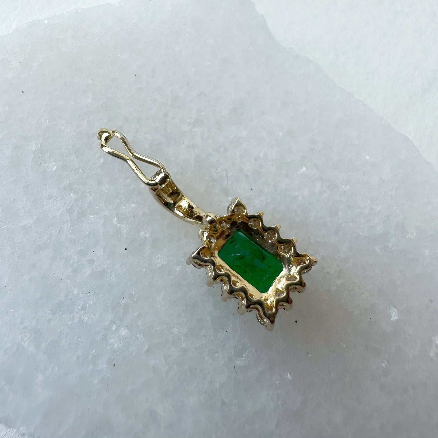 14K Solid Gold Genuine Emerald and Diamond Emerald Cut Pendant