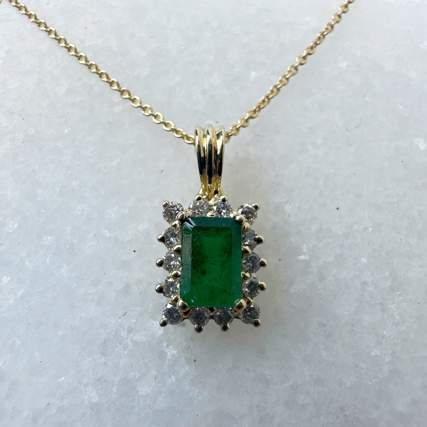 14K Solid Gold Genuine Emerald and Diamond Emerald Cut Pendant