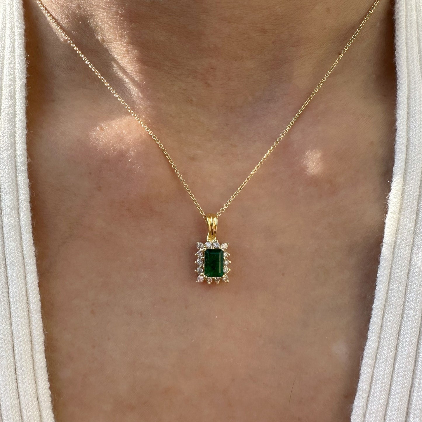 14K Solid Gold Genuine Emerald and Diamond Emerald Cut Pendant