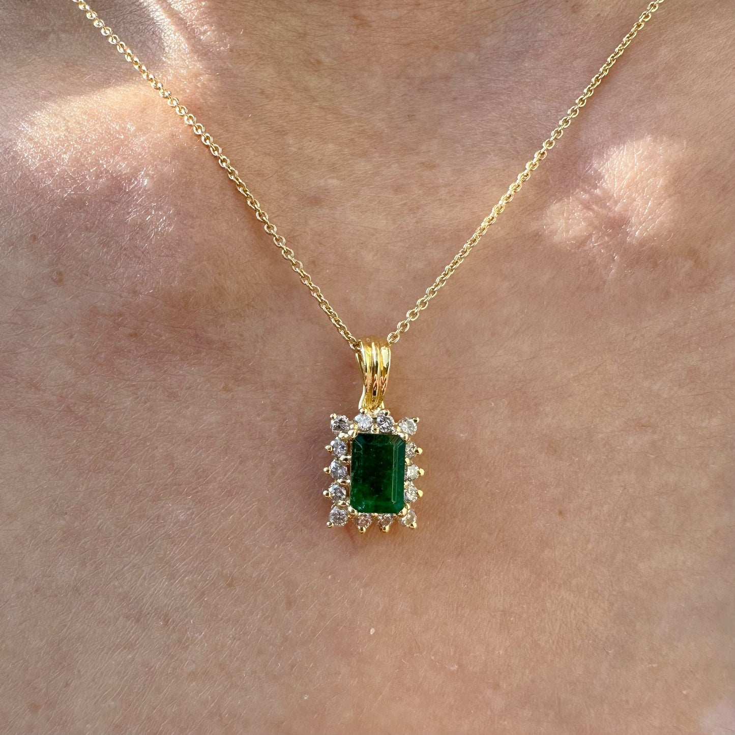 14K Solid Gold Genuine Emerald and Diamond Emerald Cut Pendant