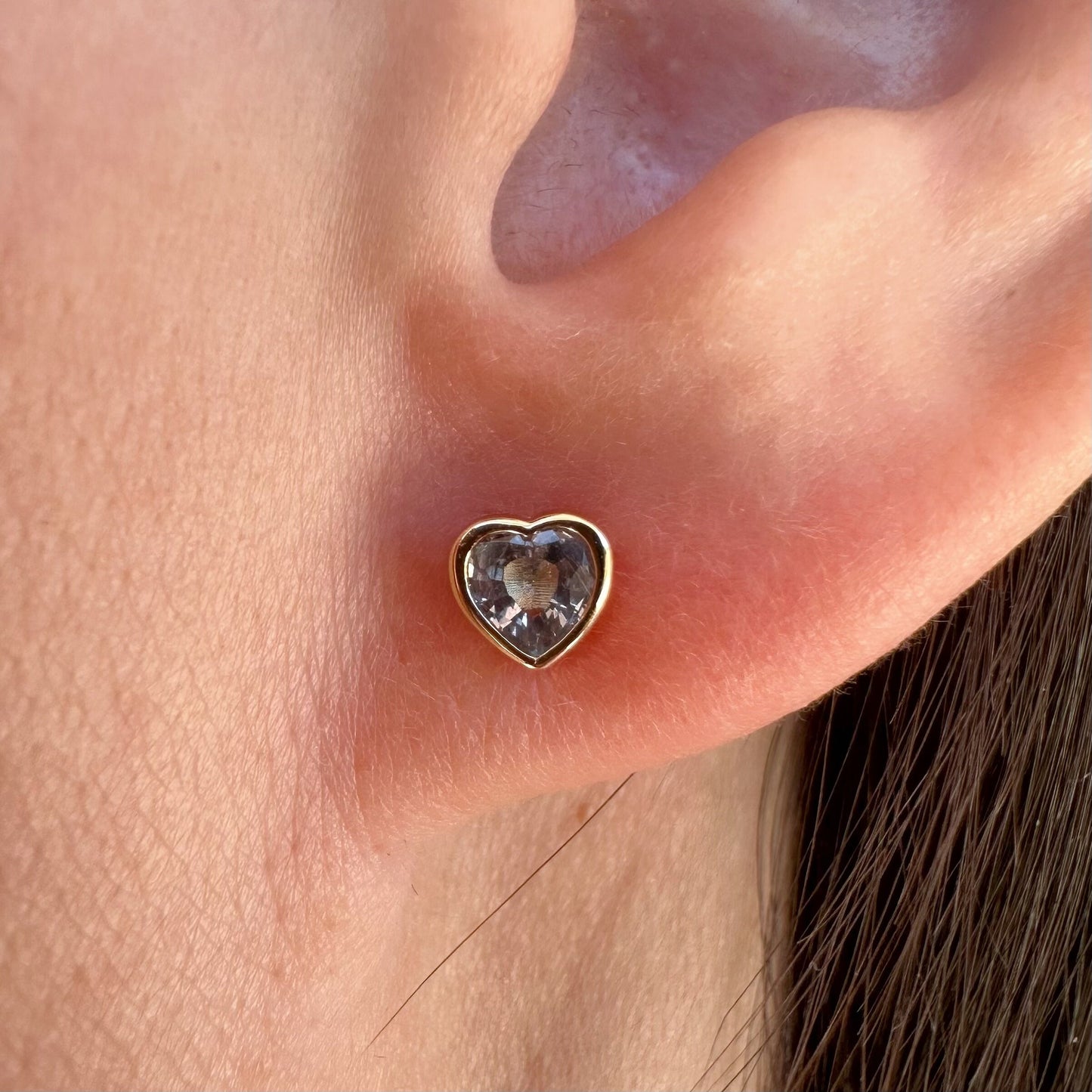 14K Solid Gold Genuine Ceylon Sapphire Heart Studs/Pair