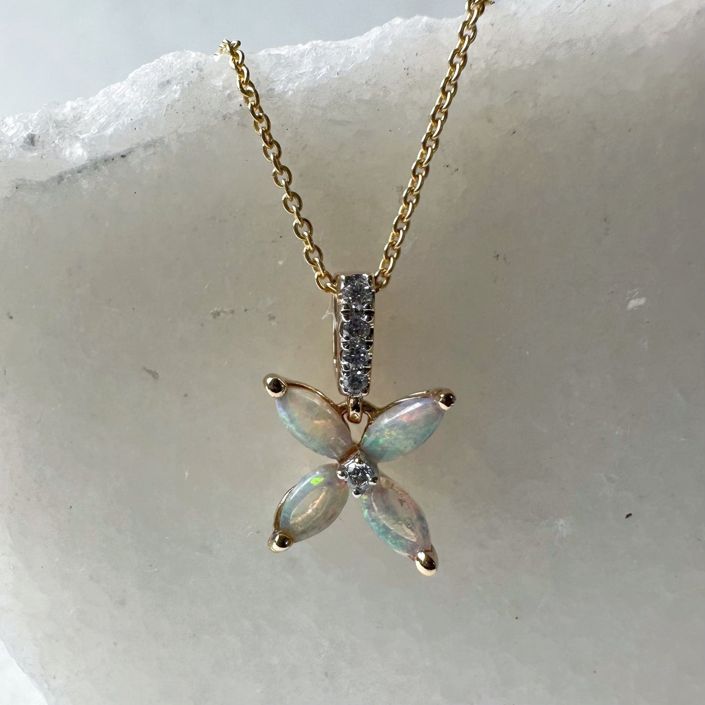 14K Solid Gold Genuine Diamond and Opal Flower Pendant