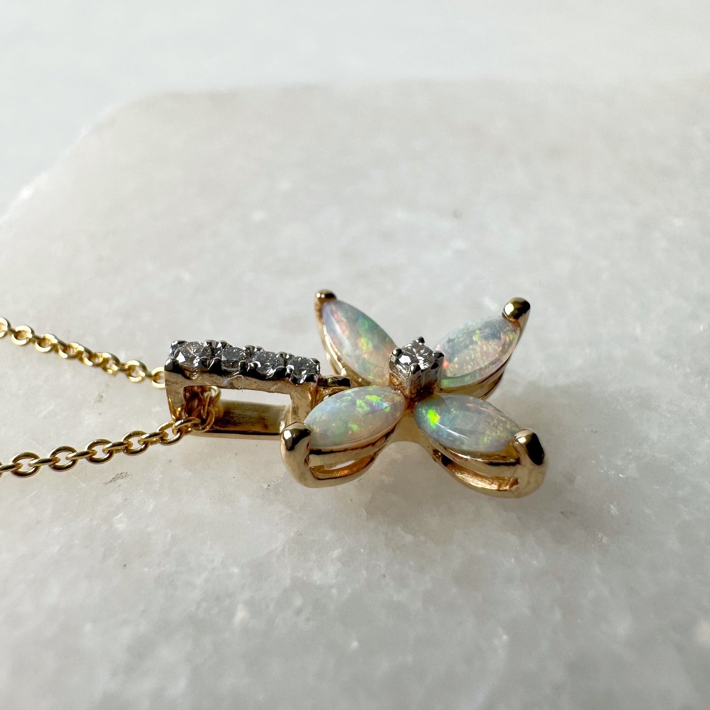 14K Solid Gold Genuine Diamond and Opal Flower Pendant