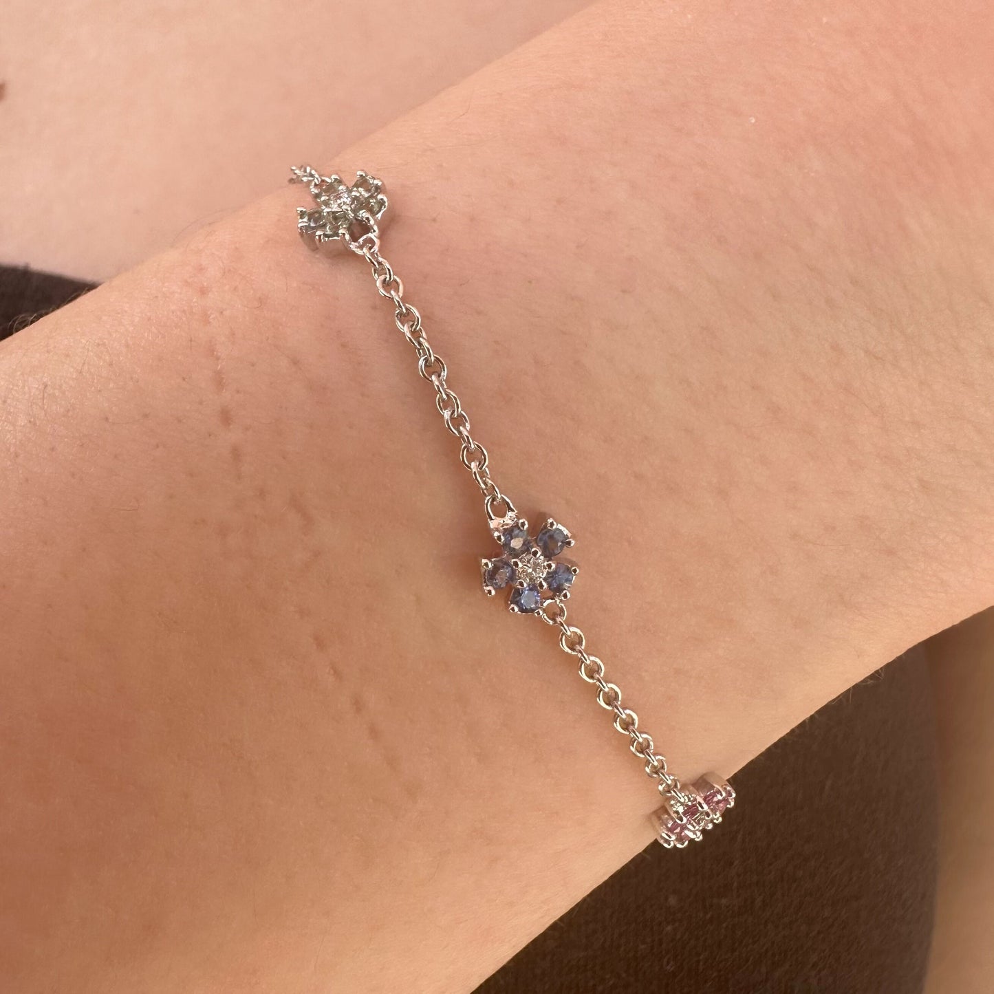 18K Solid White Gold Genuine Color Sapphire and Diamond Flowers Bracelet