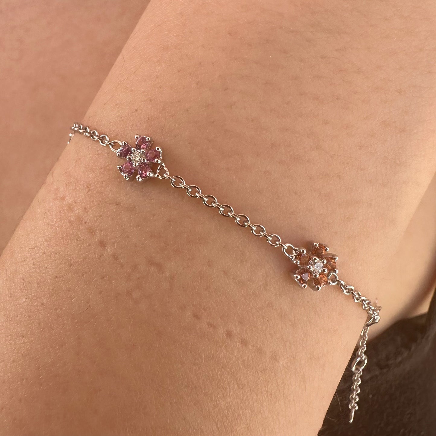 18K Solid White Gold Genuine Color Sapphire and Diamond Flowers Bracelet