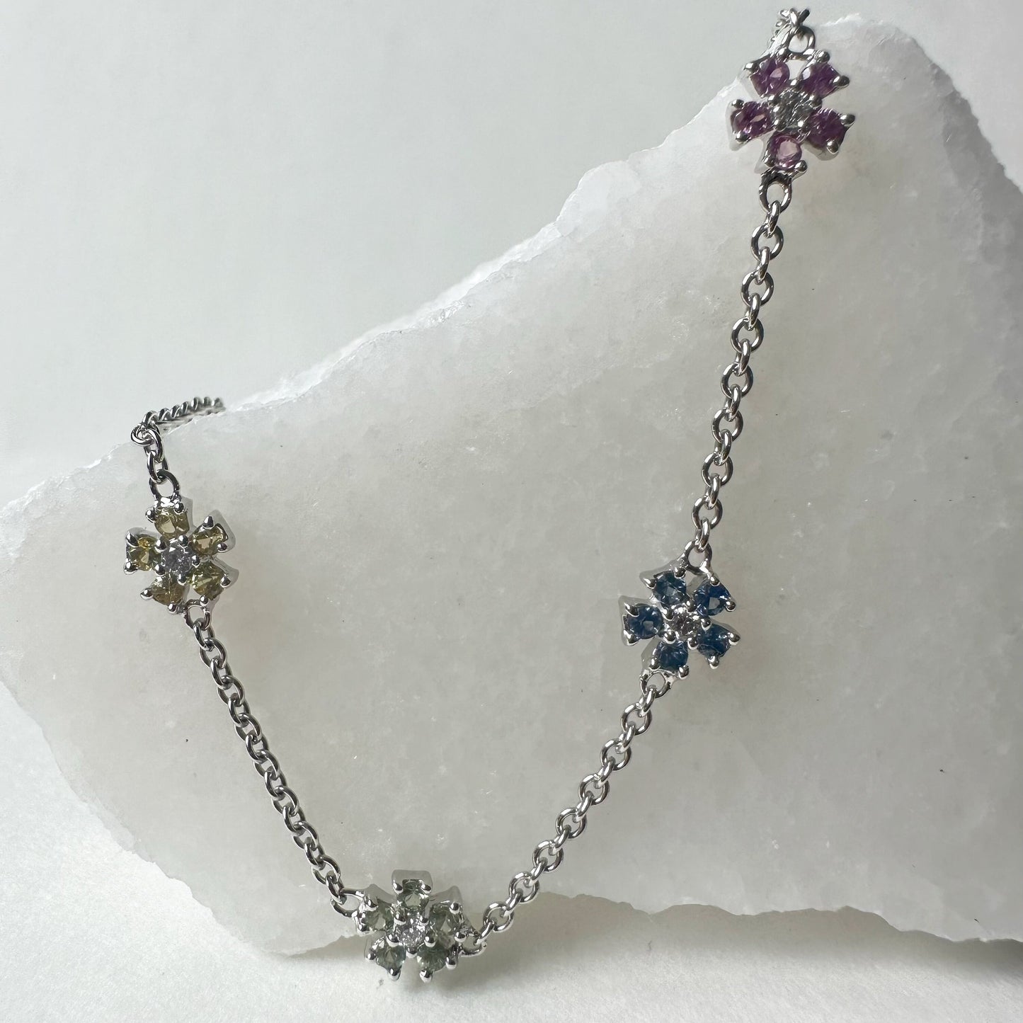 18K Solid White Gold Genuine Color Sapphire and Diamond Flowers Bracelet