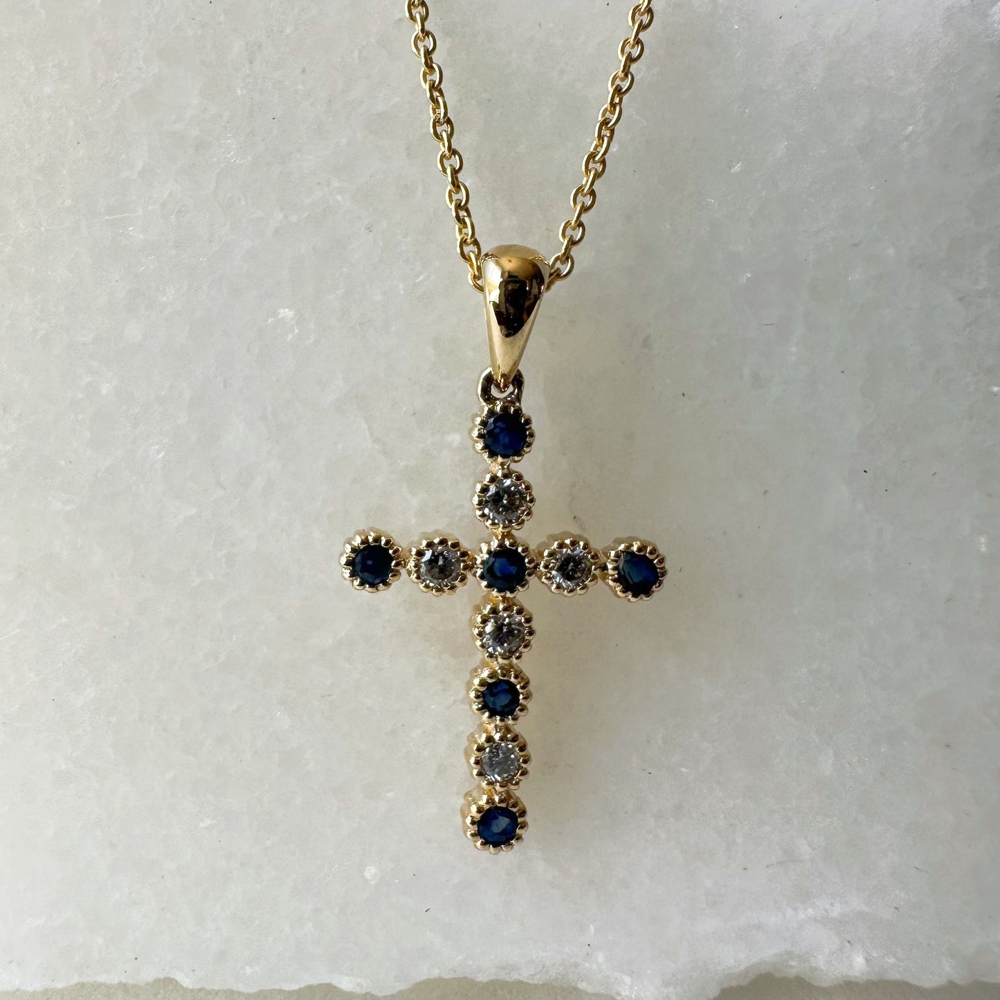 14K Solid Gold Genuine Sapphire and Diamond Bezel Cross Pendant